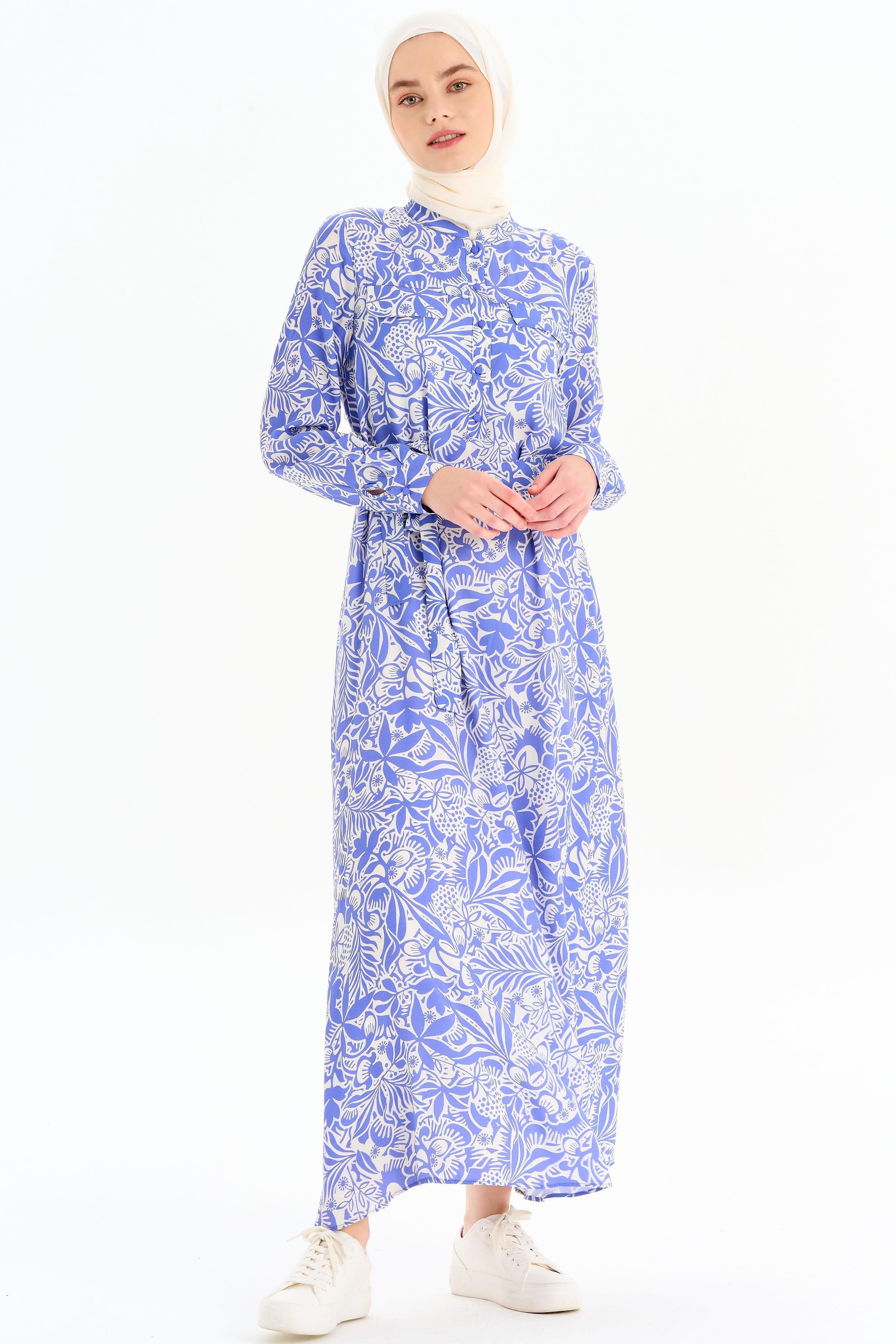 Desenli Bel Kuşaklı Elbise - Lila TUGBA