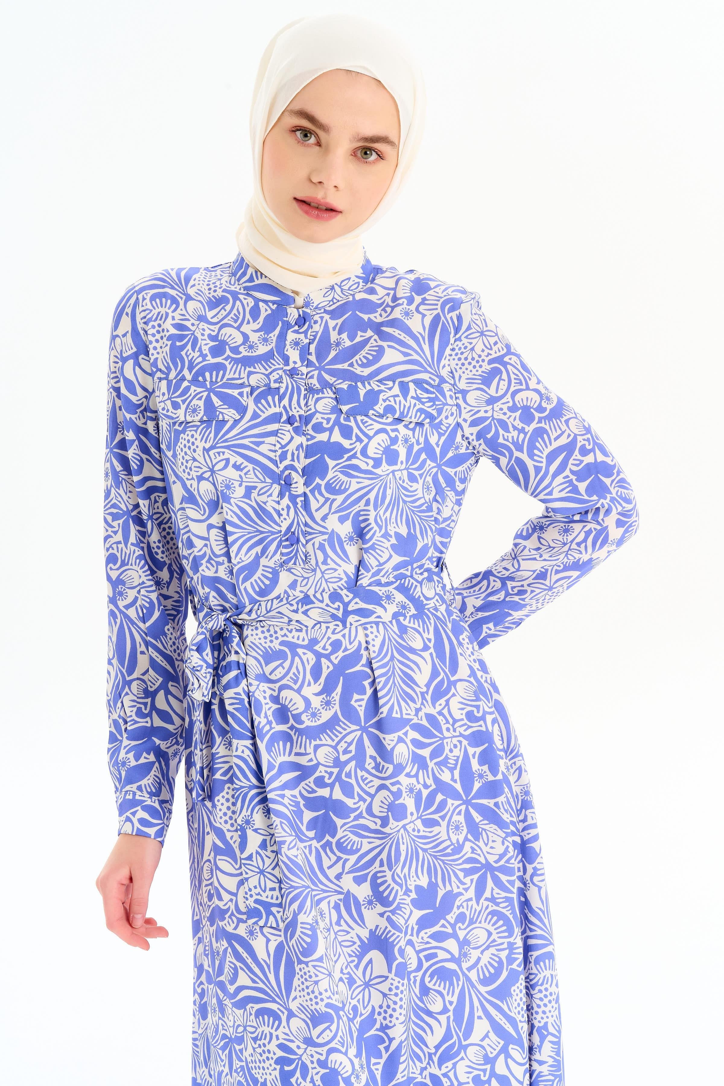 Desenli Bel Kuşaklı Elbise - Lila TUGBA