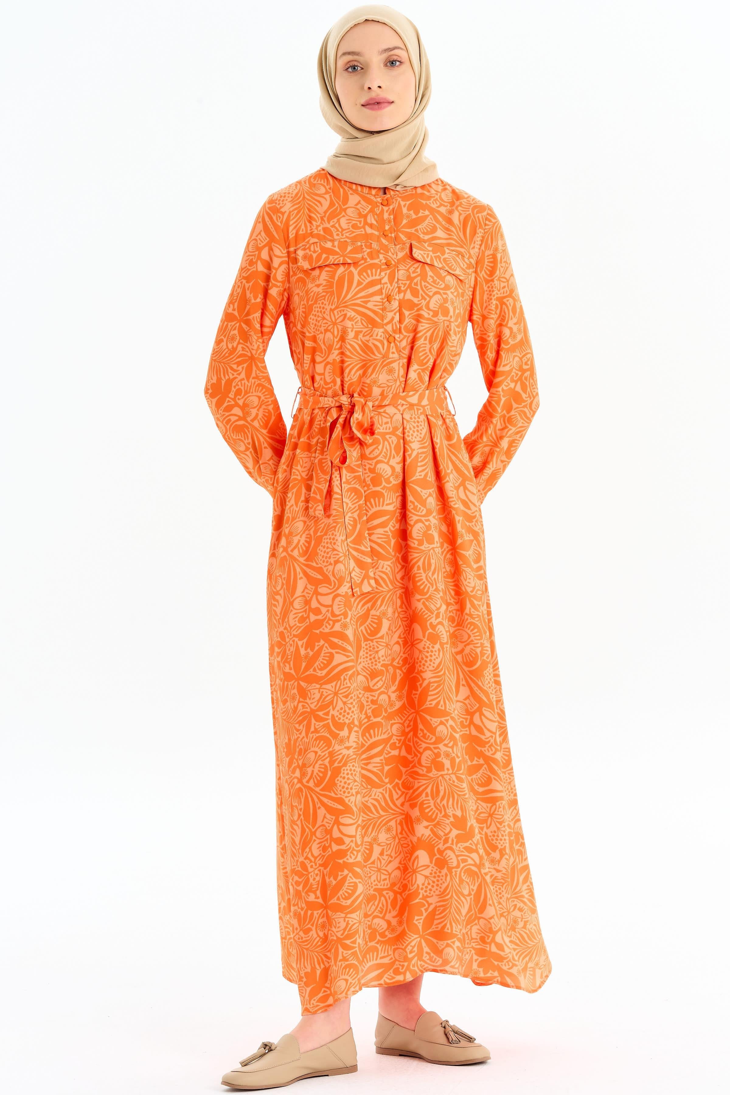Desenli Bel Kuşaklı Elbise - Turuncu TUGBA