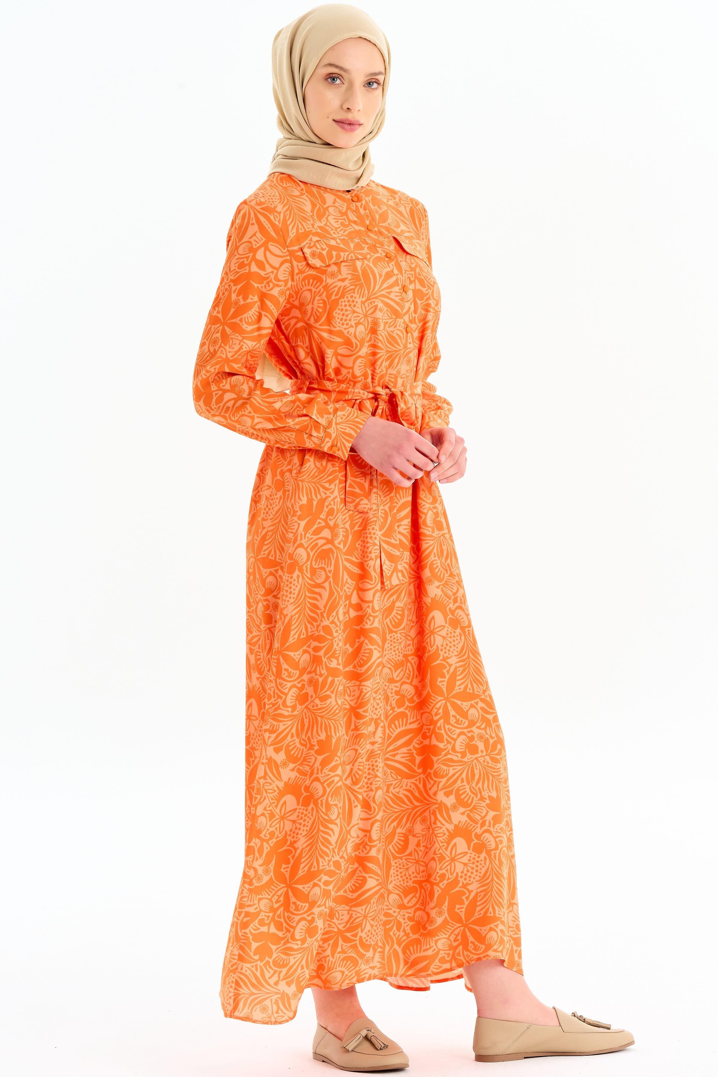 Desenli Bel Kuşaklı Elbise - Turuncu TUGBA