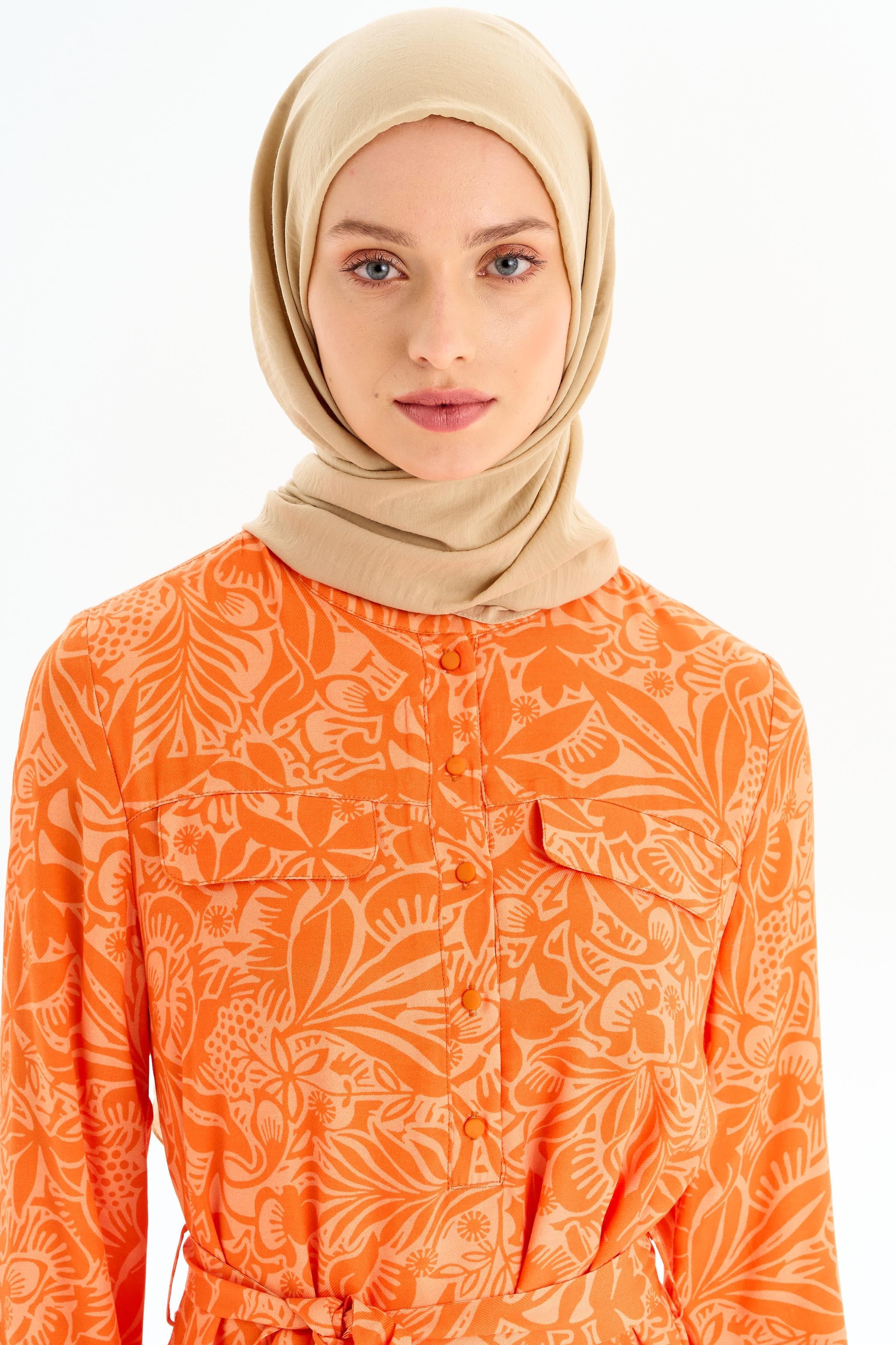 Desenli Bel Kuşaklı Elbise - Turuncu TUGBA