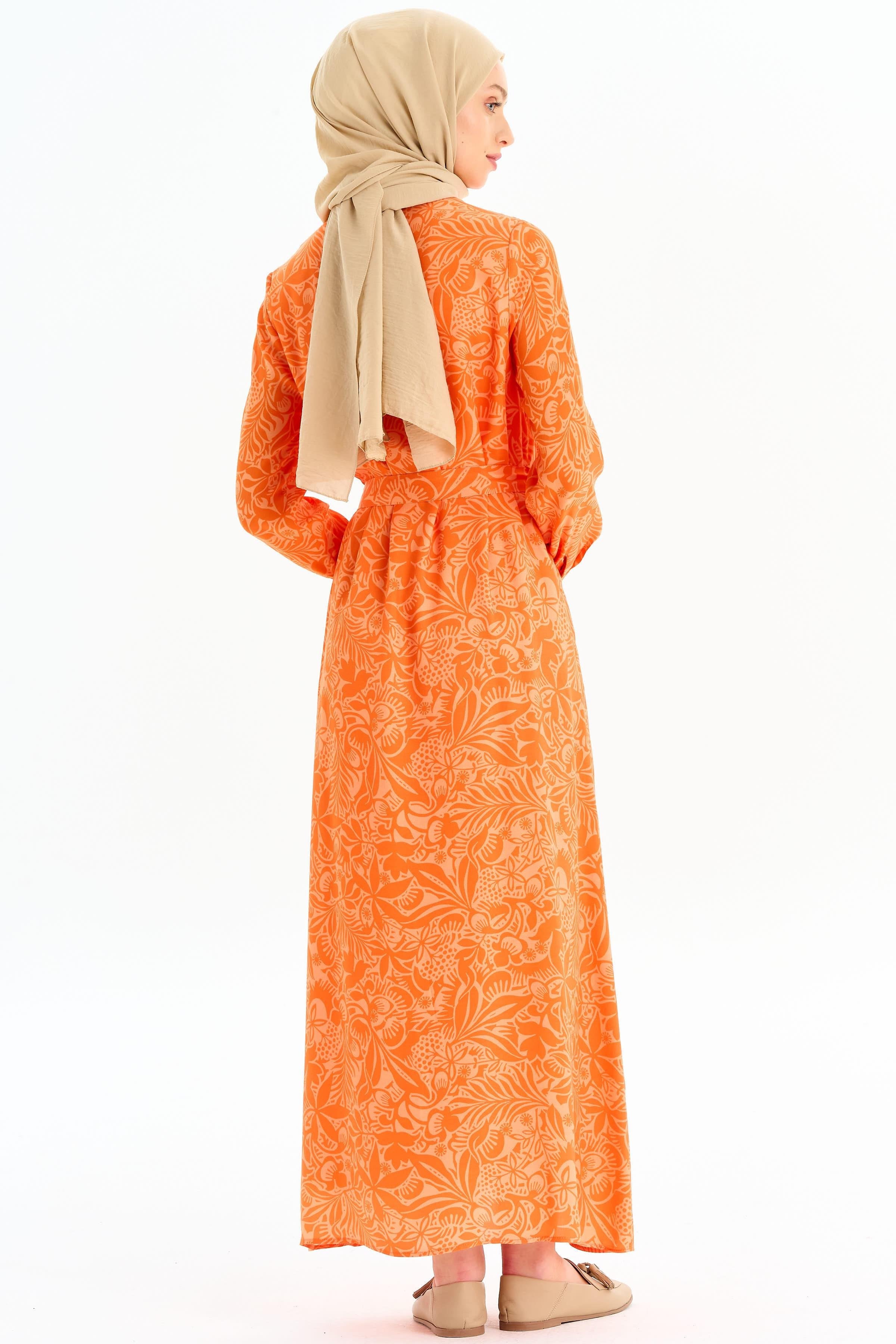 Desenli Bel Kuşaklı Elbise - Turuncu TUGBA