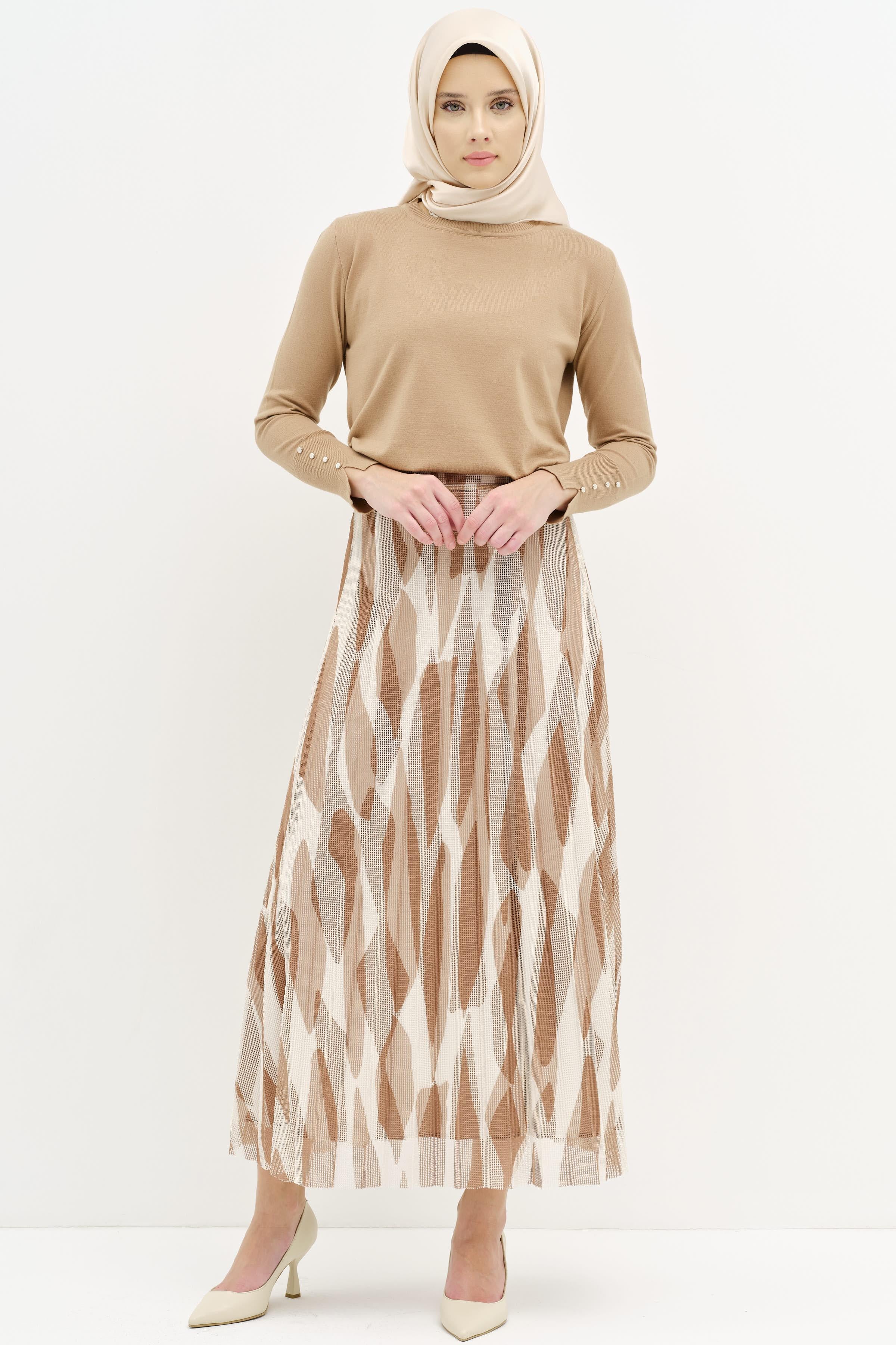 Desenli File Plisoley Etek - Kahve TUGBA