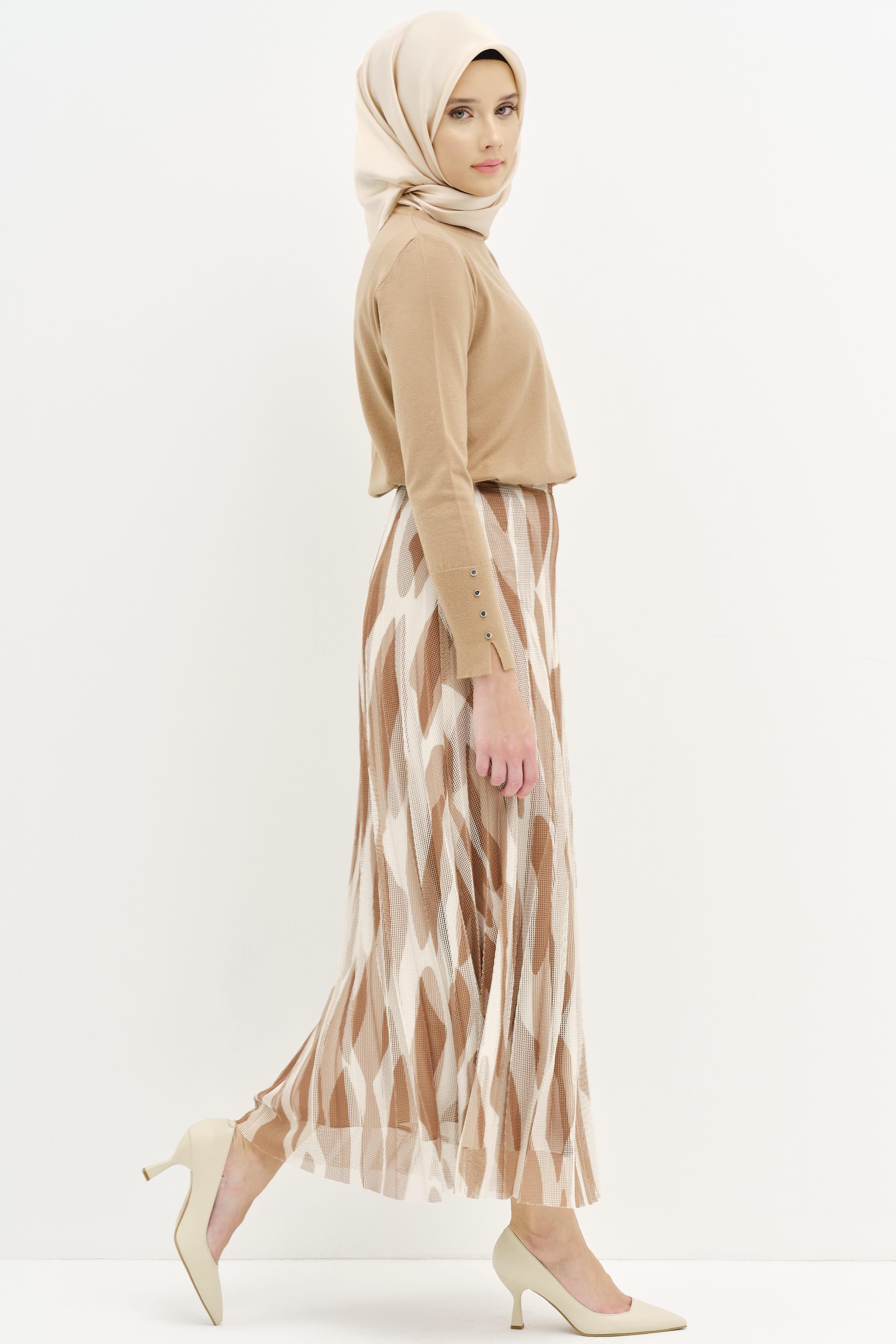 Desenli File Plisoley Etek - Kahve TUGBA