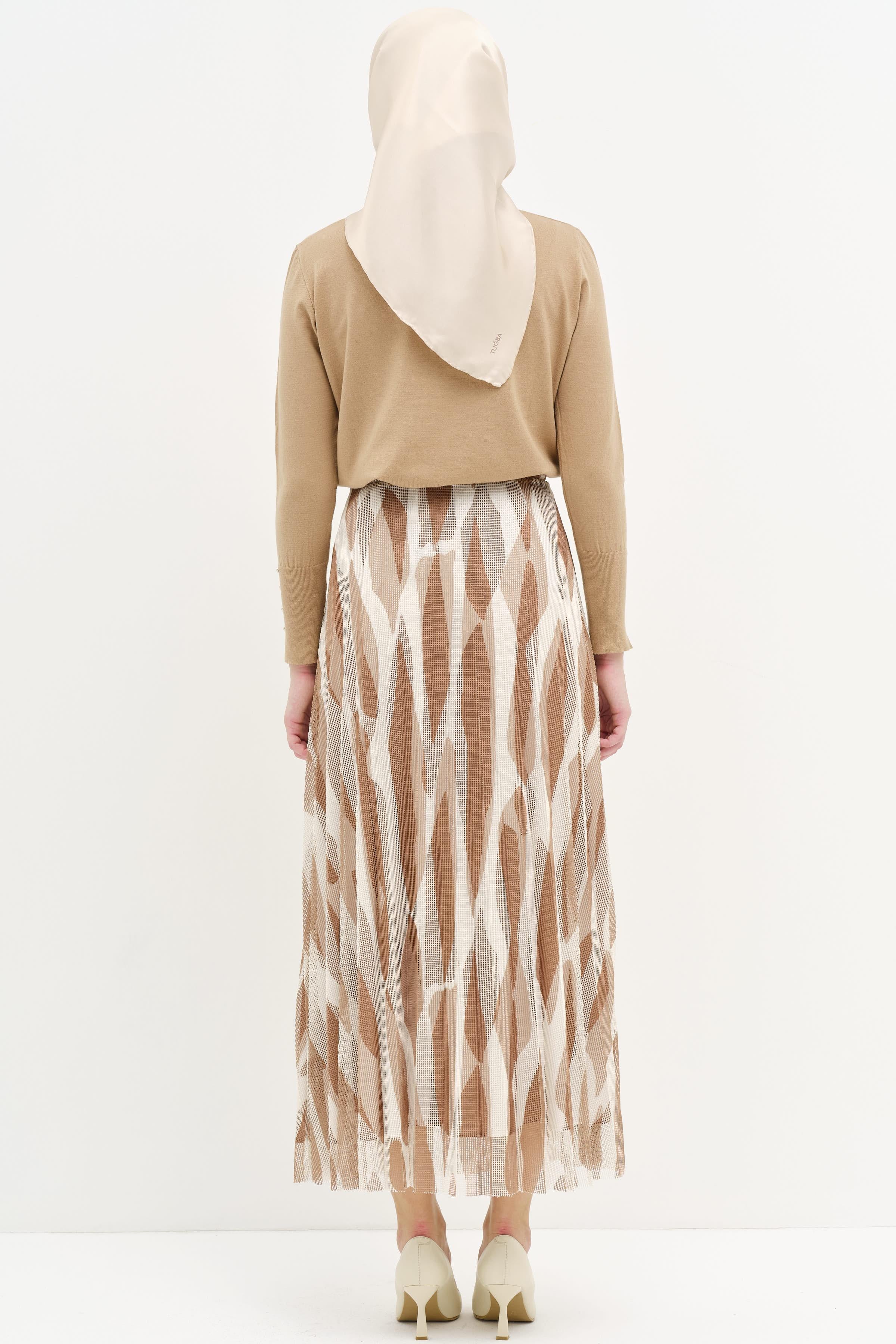 Desenli File Plisoley Etek - Kahve TUGBA