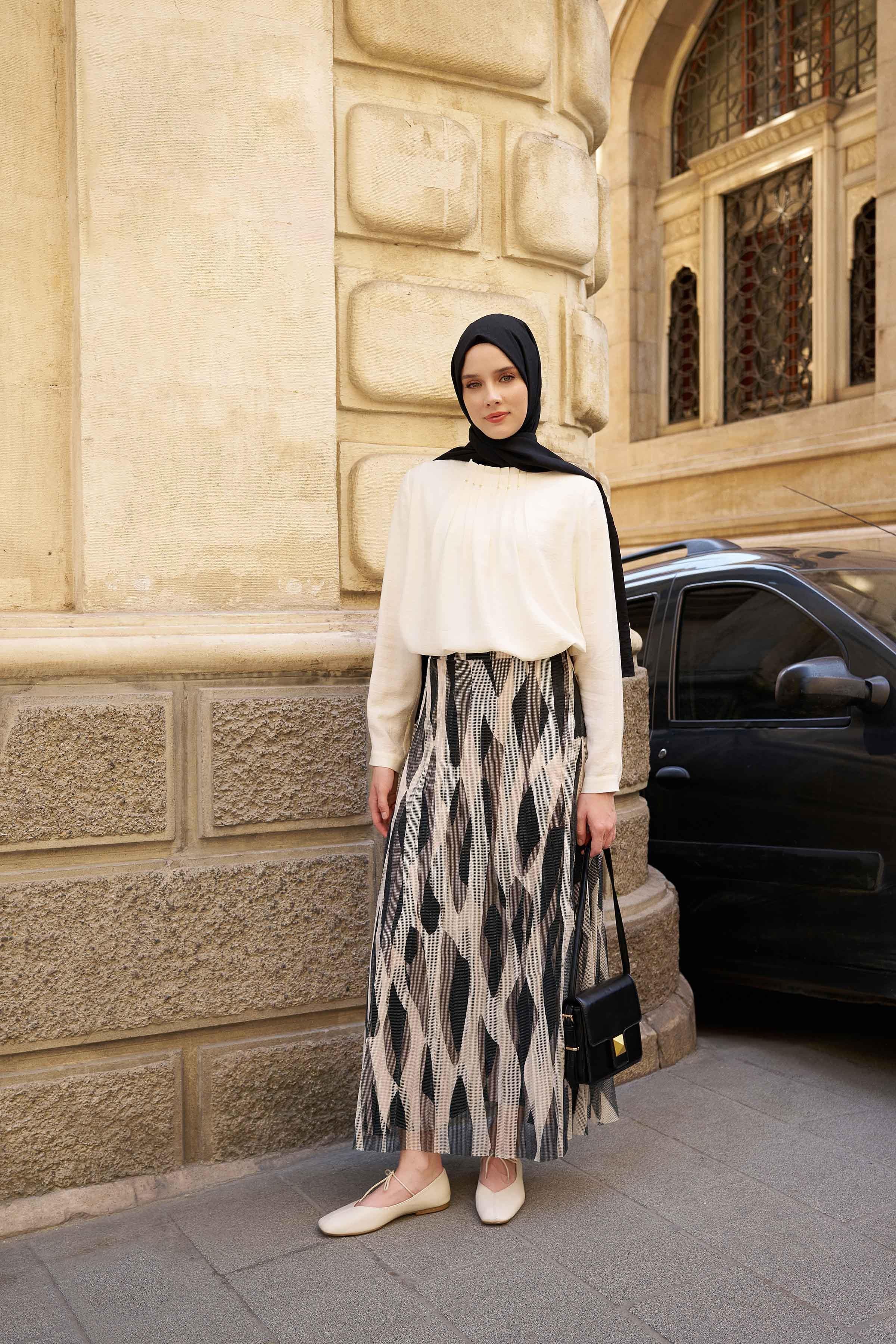 Desenli File Plisoley Etek - Siyah TUGBA