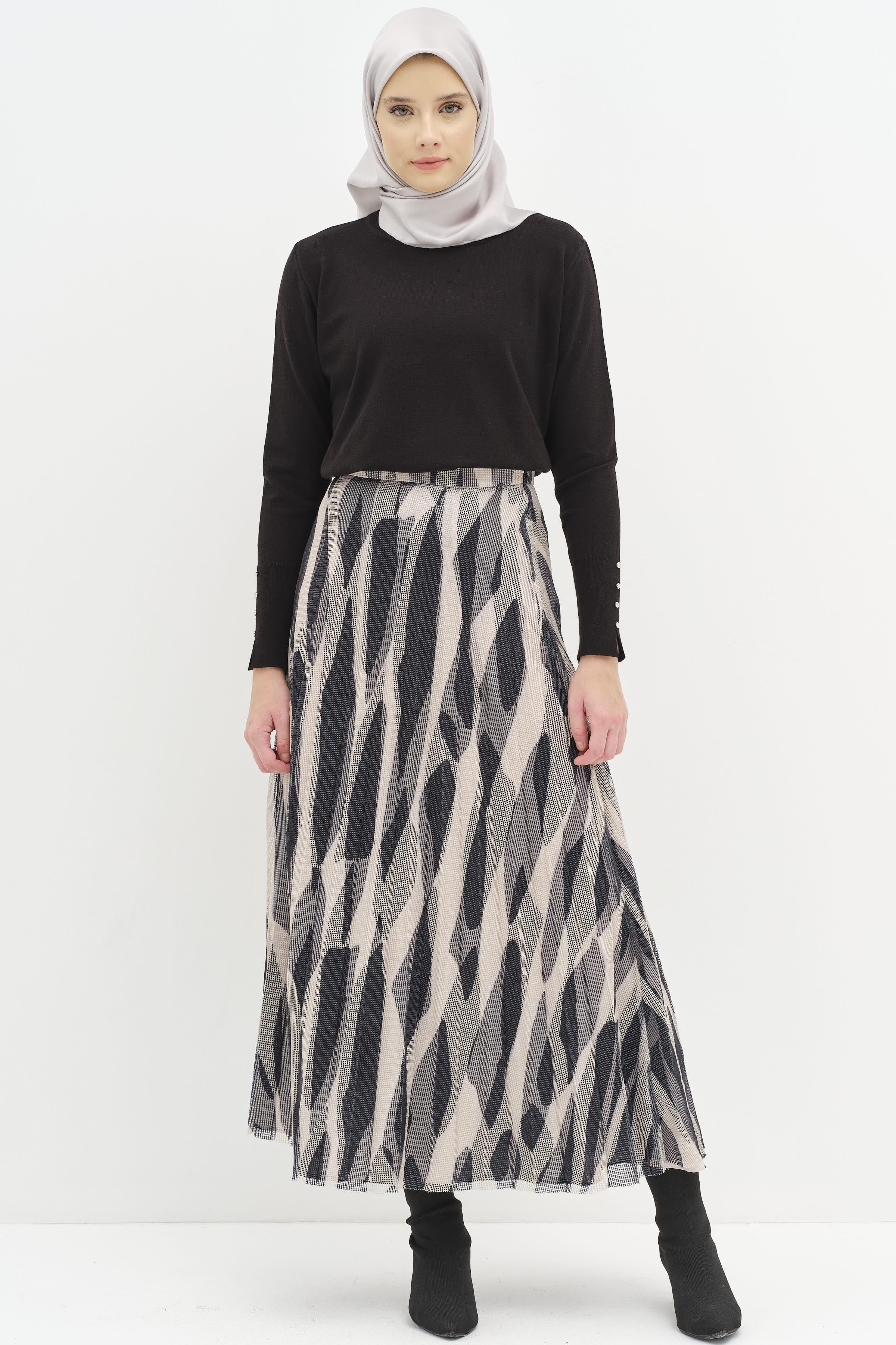 Desenli File Plisoley Etek - Siyah TUGBA