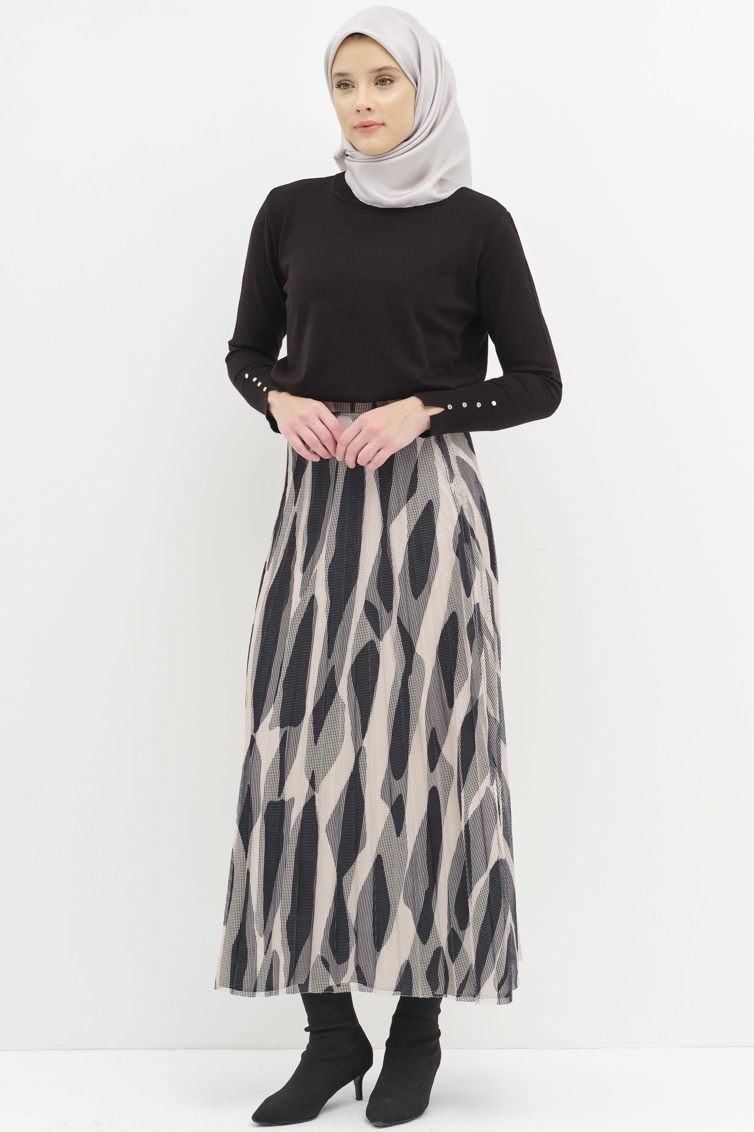 Desenli File Plisoley Etek - Siyah TUGBA