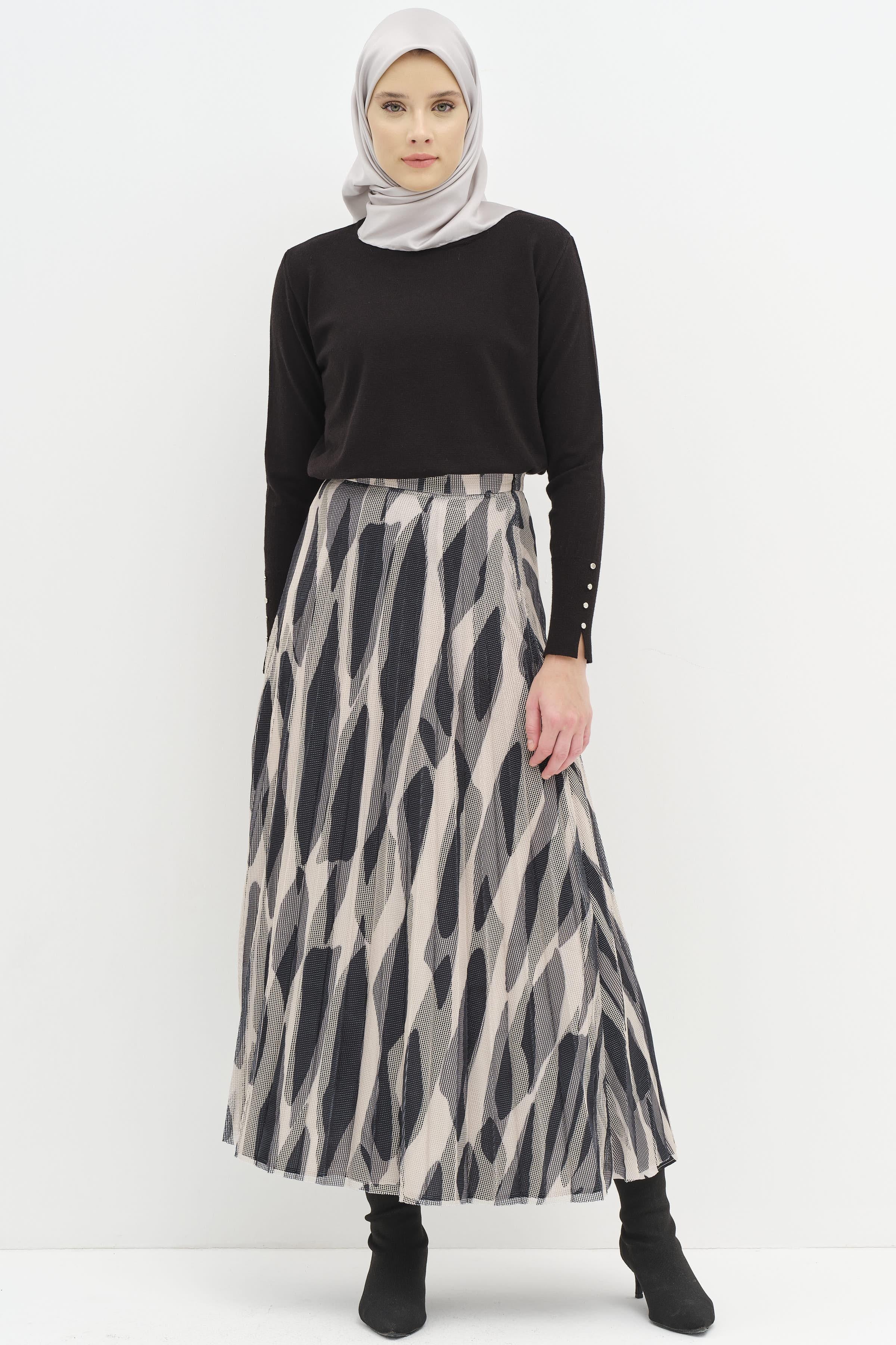 Desenli File Plisoley Etek - Siyah TUGBA