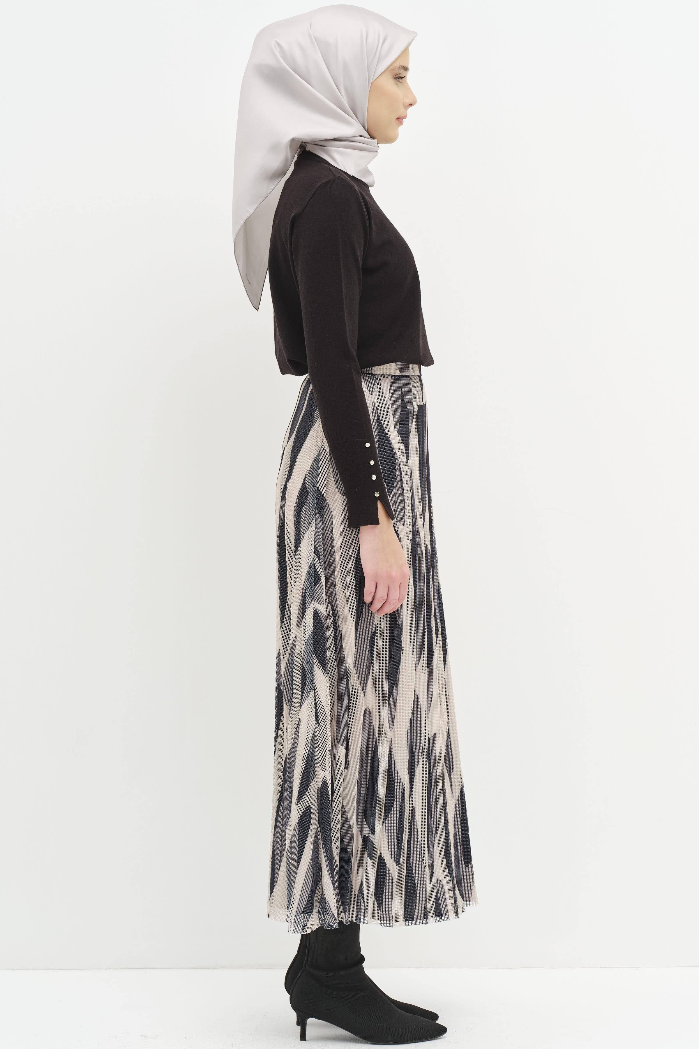 Desenli File Plisoley Etek - Siyah TUGBA