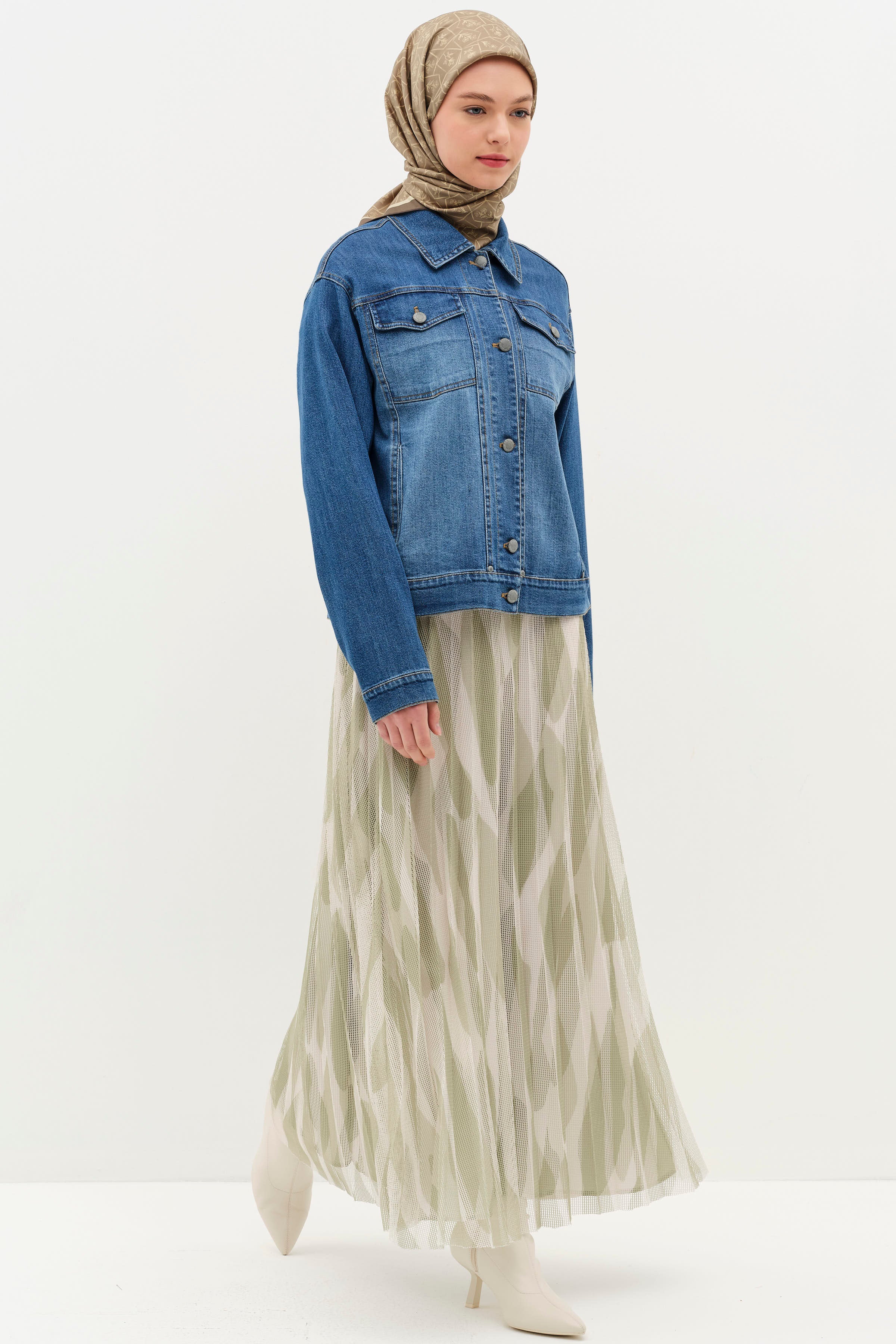 Desenli File Plisoley Etek - Yeşil TUGBA