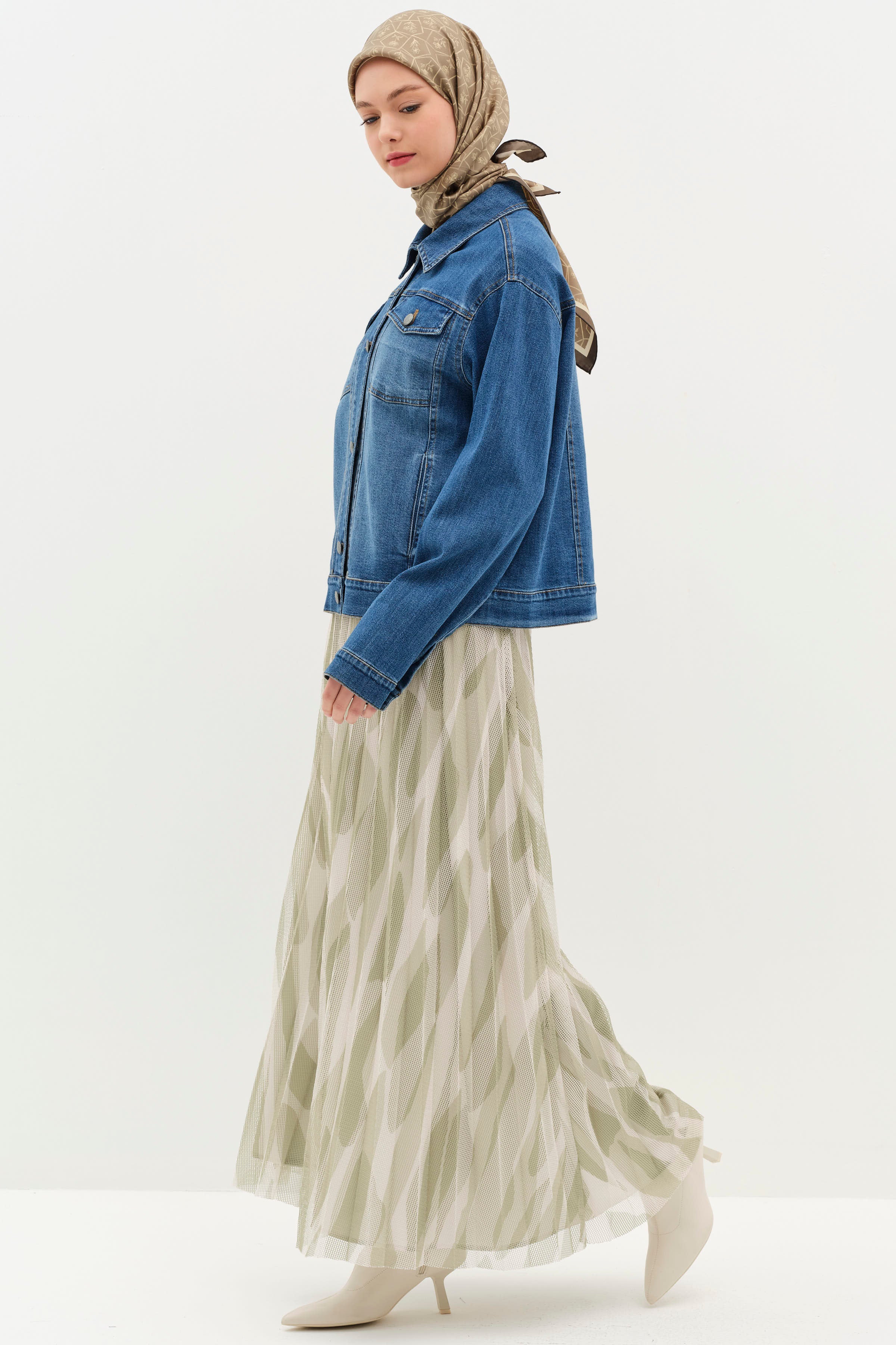 Desenli File Plisoley Etek - Yeşil TUGBA