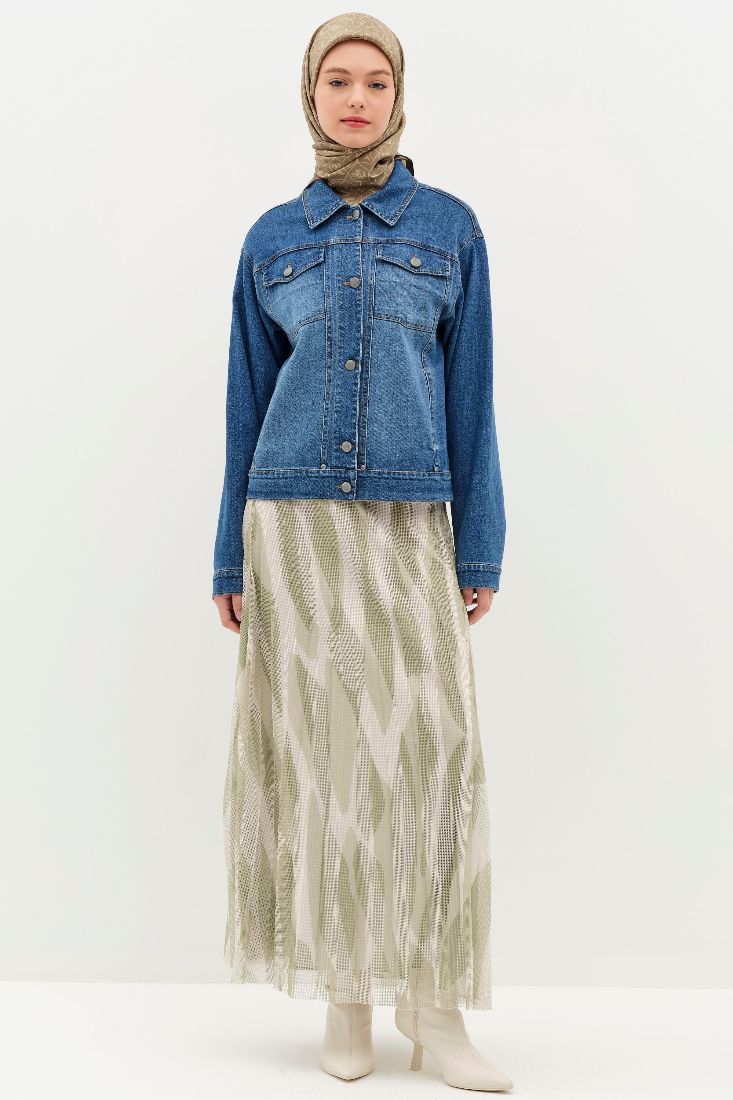 Desenli File Plisoley Etek - Yeşil TUGBA