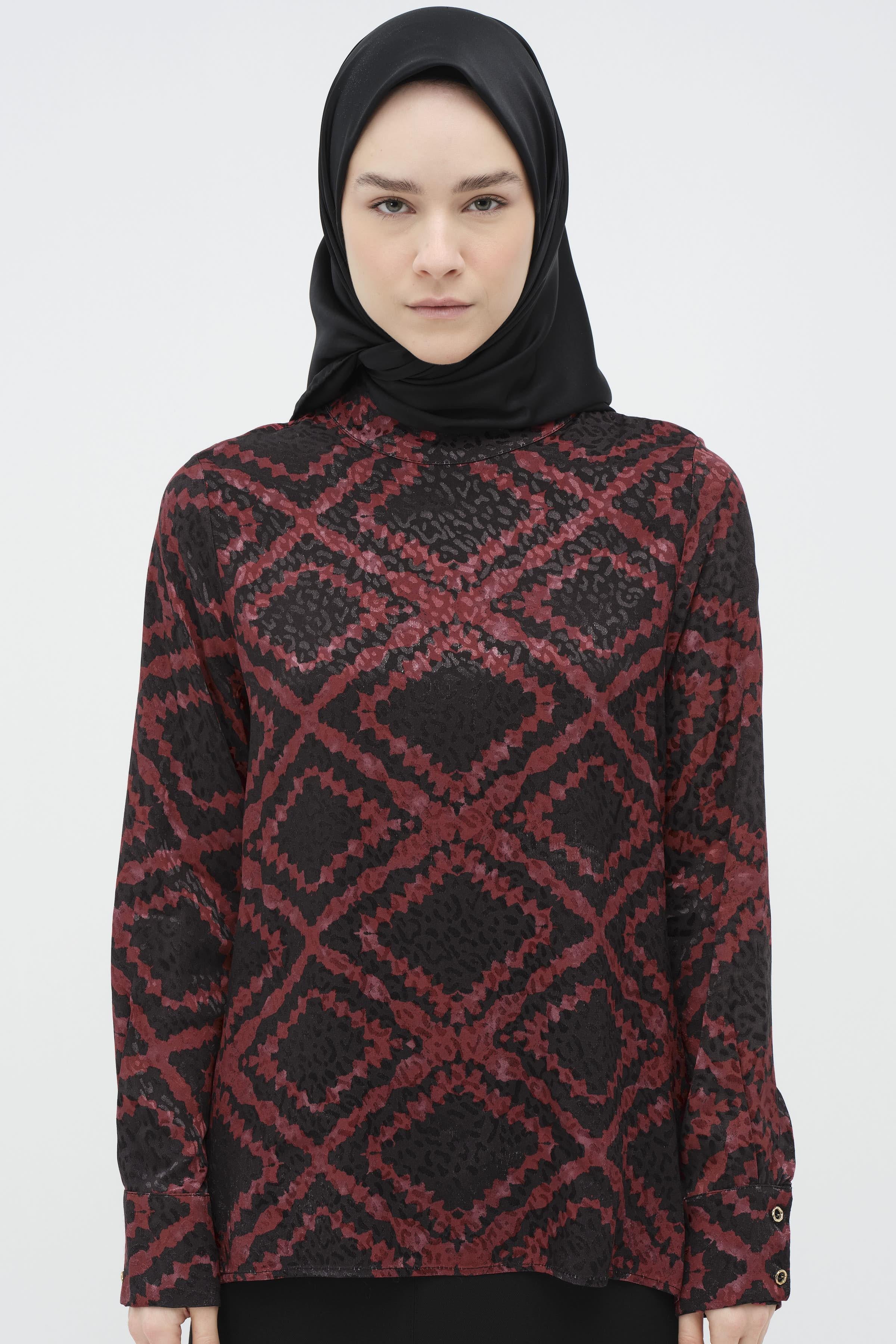 Desenli Hakim Yaka Bluz - Bordo TUGBA