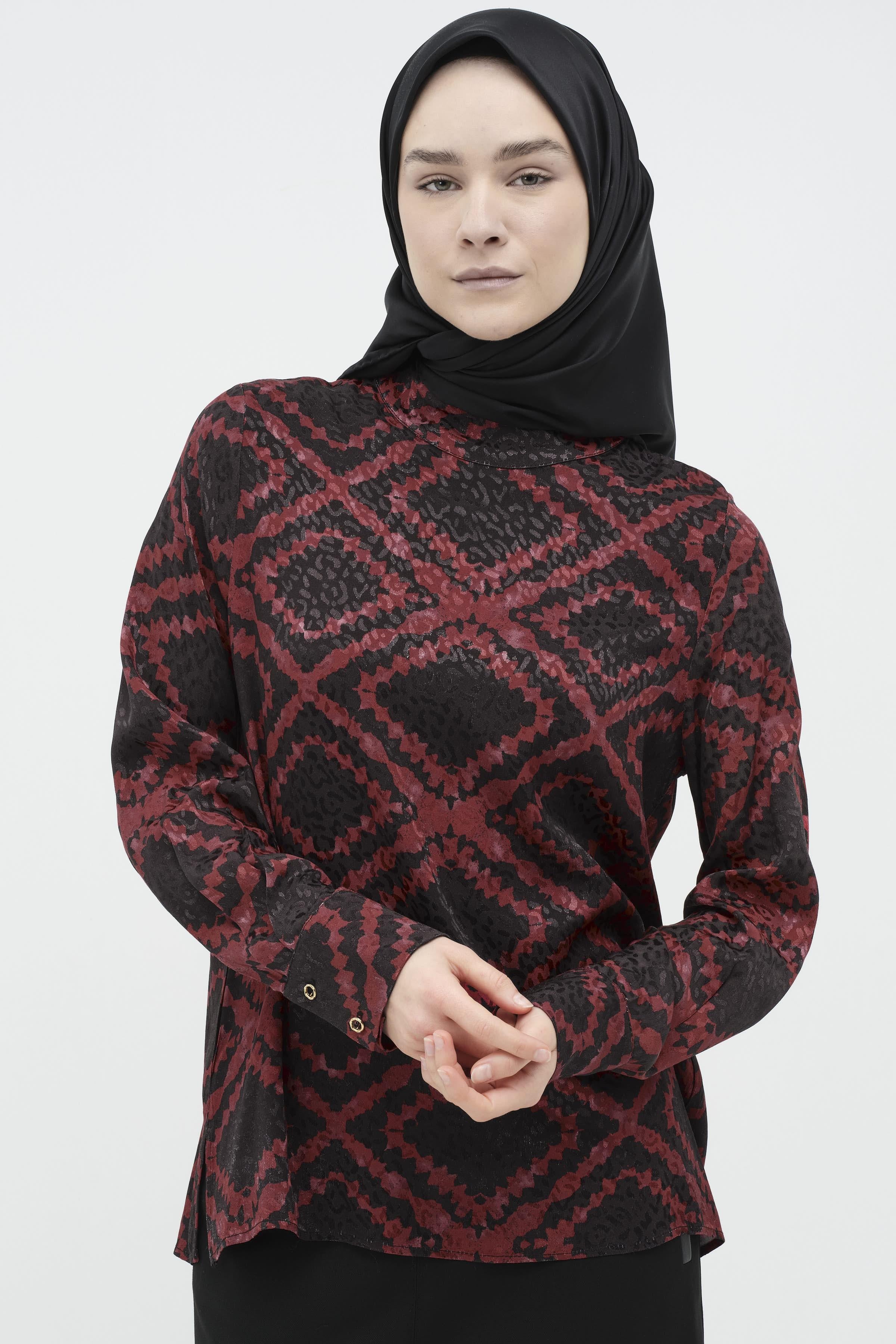 Desenli Hakim Yaka Bluz - Bordo TUGBA