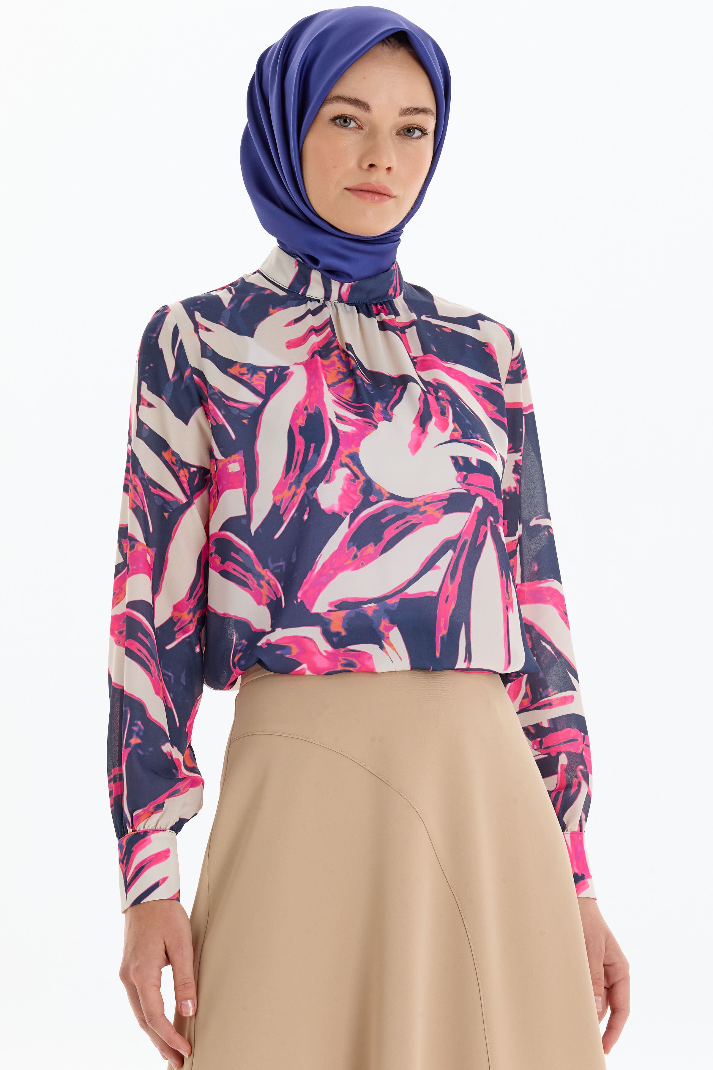 Desenli Hakim Yaka Bluz - Fuşya TUGBA