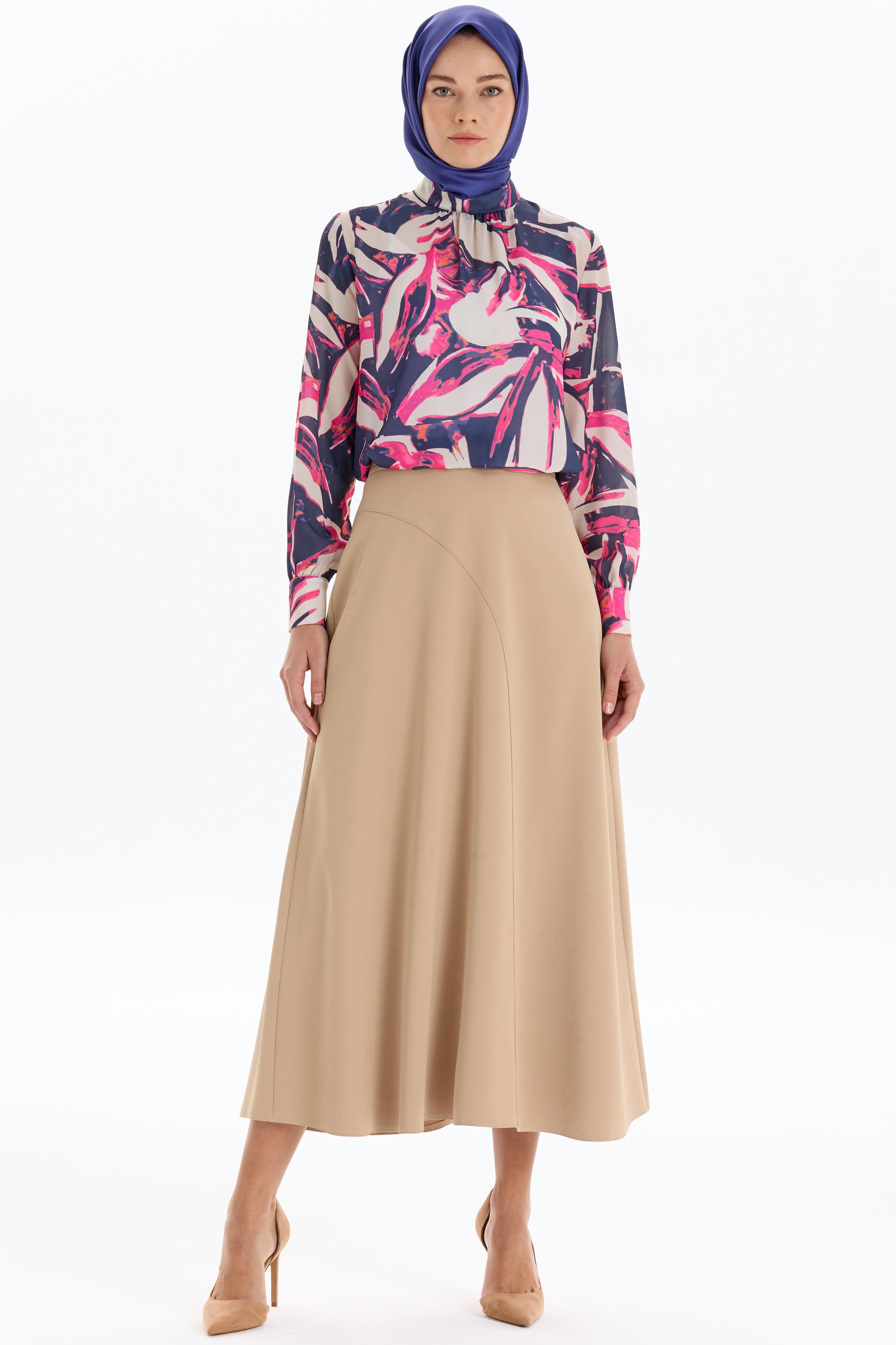 Desenli Hakim Yaka Bluz - Fuşya TUGBA