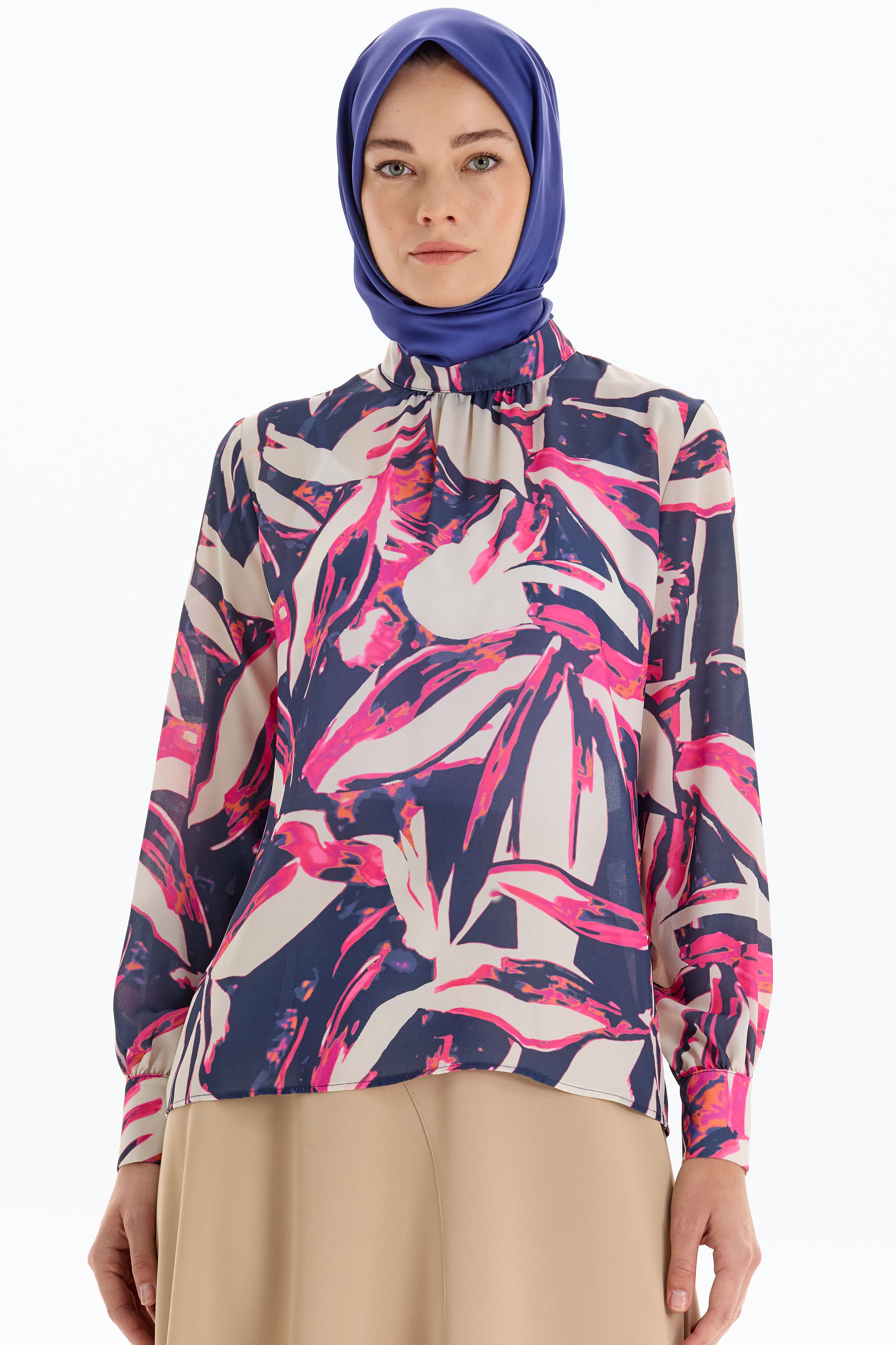 Desenli Hakim Yaka Bluz - Fuşya TUGBA