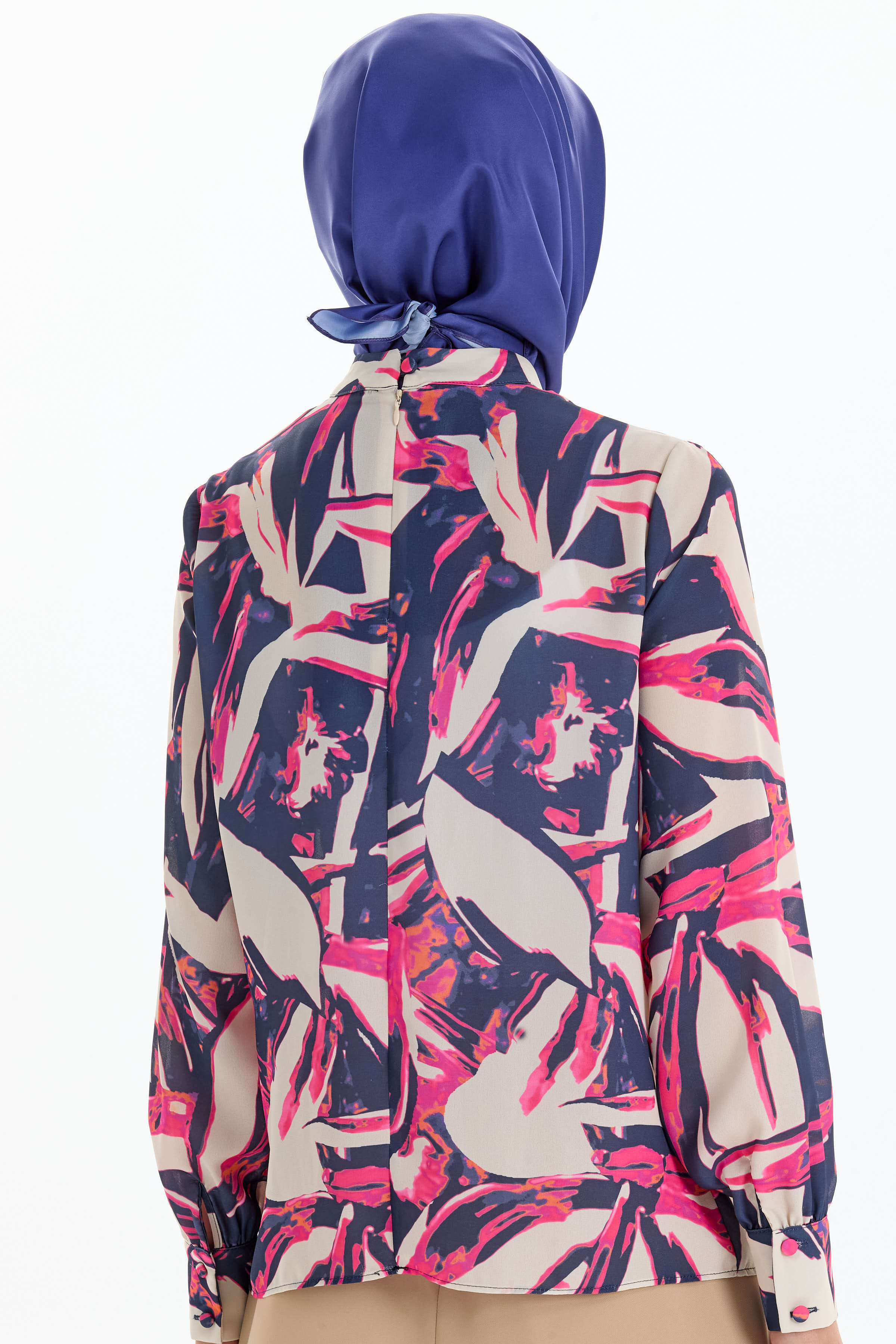 Desenli Hakim Yaka Bluz - Fuşya TUGBA