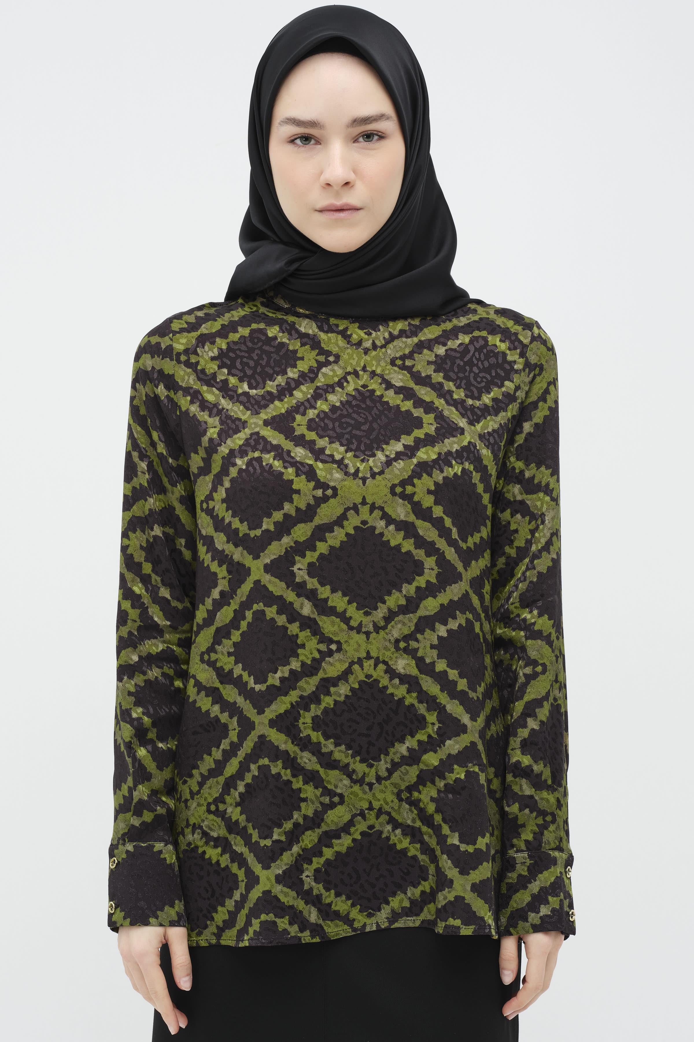 Desenli Hakim Yaka Bluz - Haki TUGBA