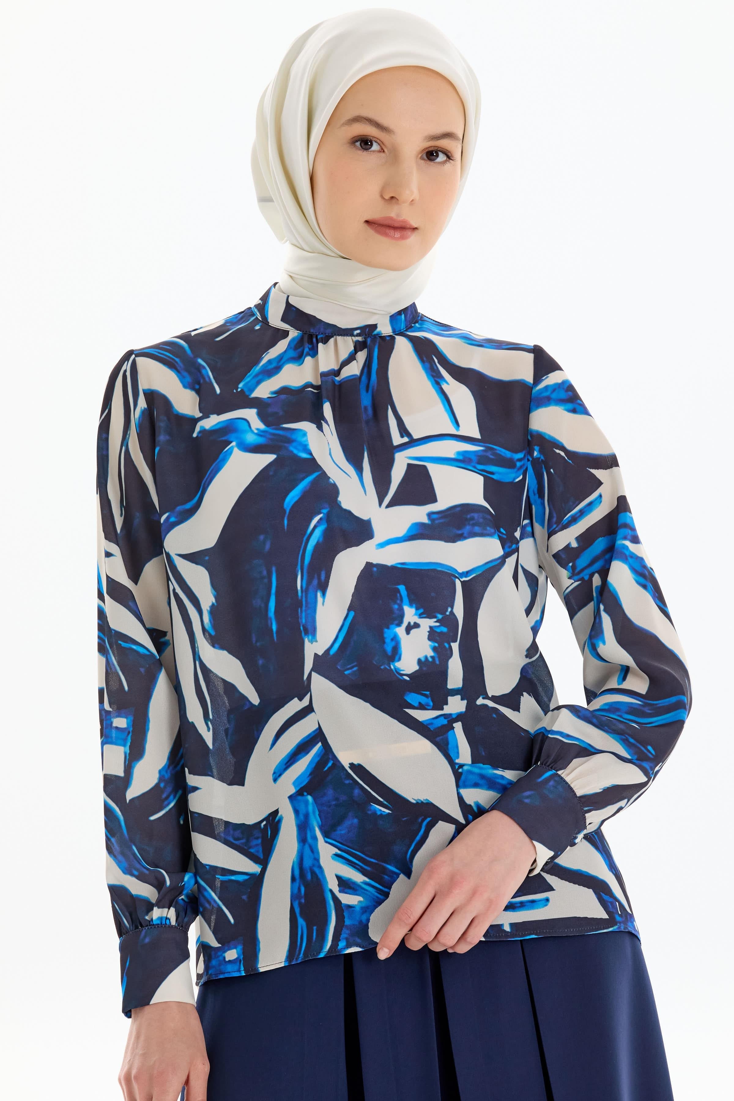 Desenli Hakim Yaka Bluz - Lacivert TUGBA