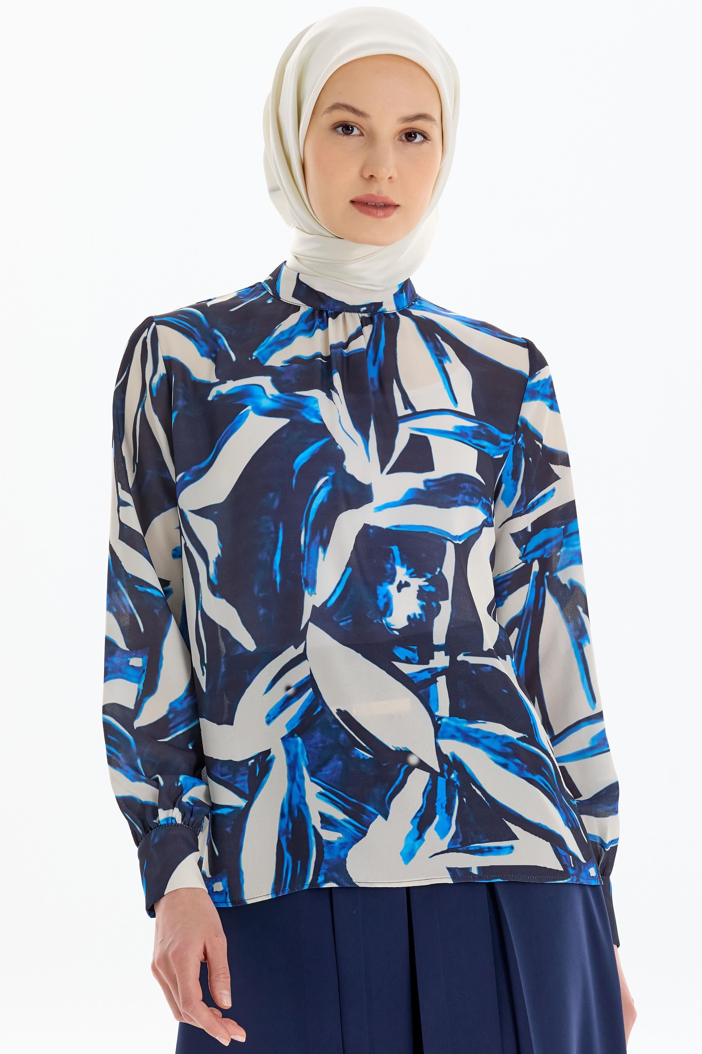 Desenli Hakim Yaka Bluz - Lacivert TUGBA