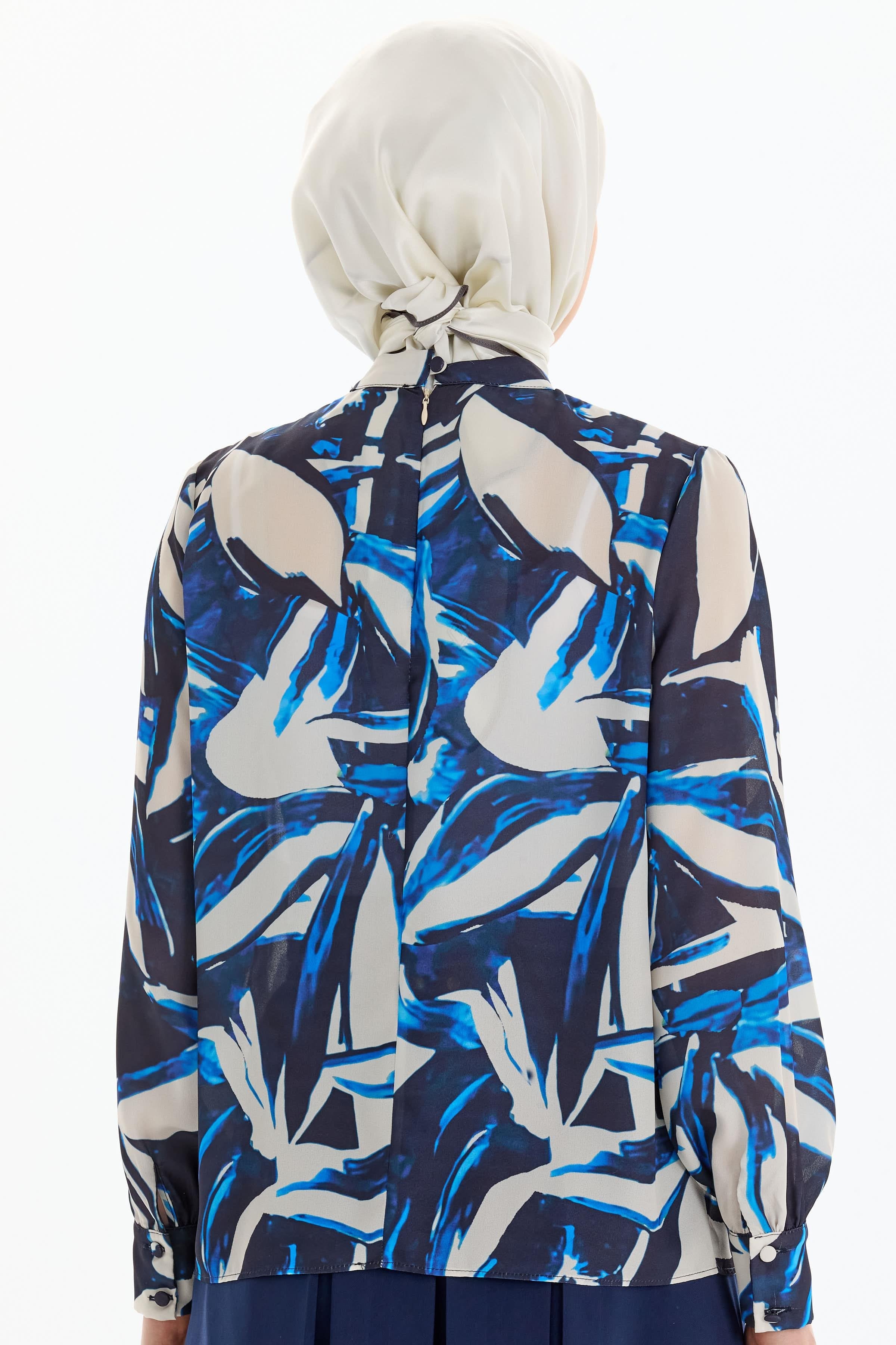 Desenli Hakim Yaka Bluz - Lacivert TUGBA