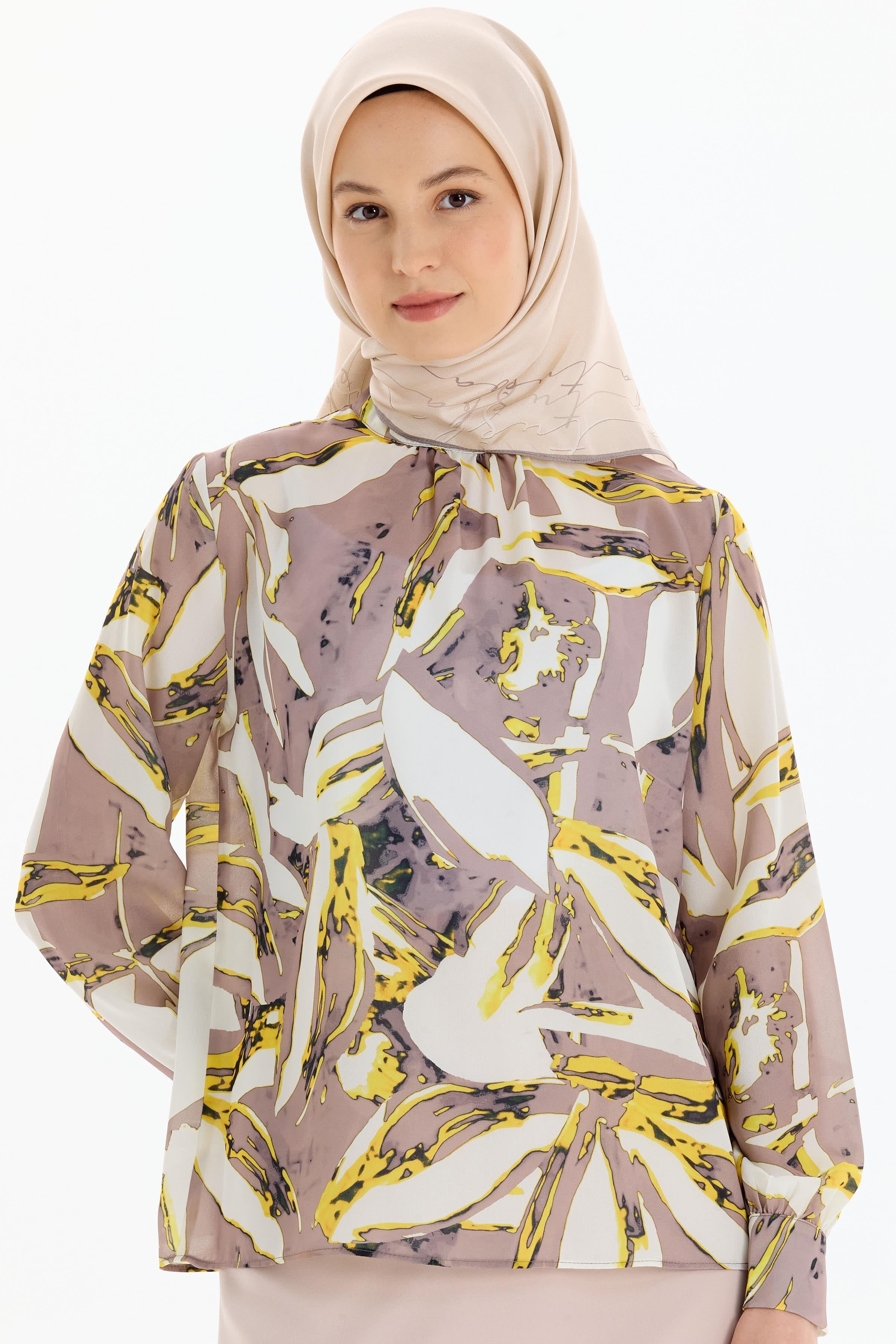 Desenli Hakim Yaka Bluz - Sarı TUGBA