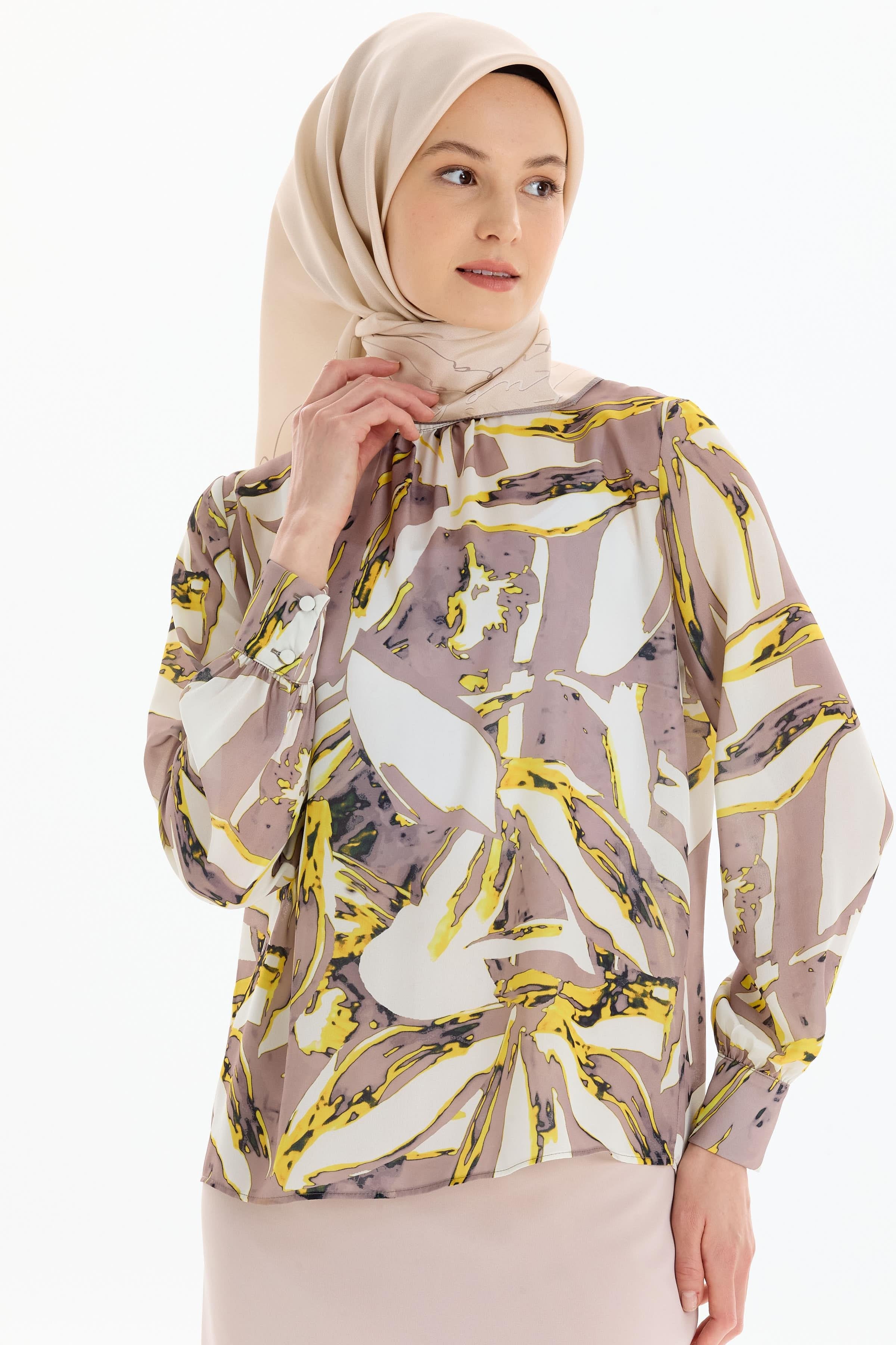 Desenli Hakim Yaka Bluz - Sarı TUGBA