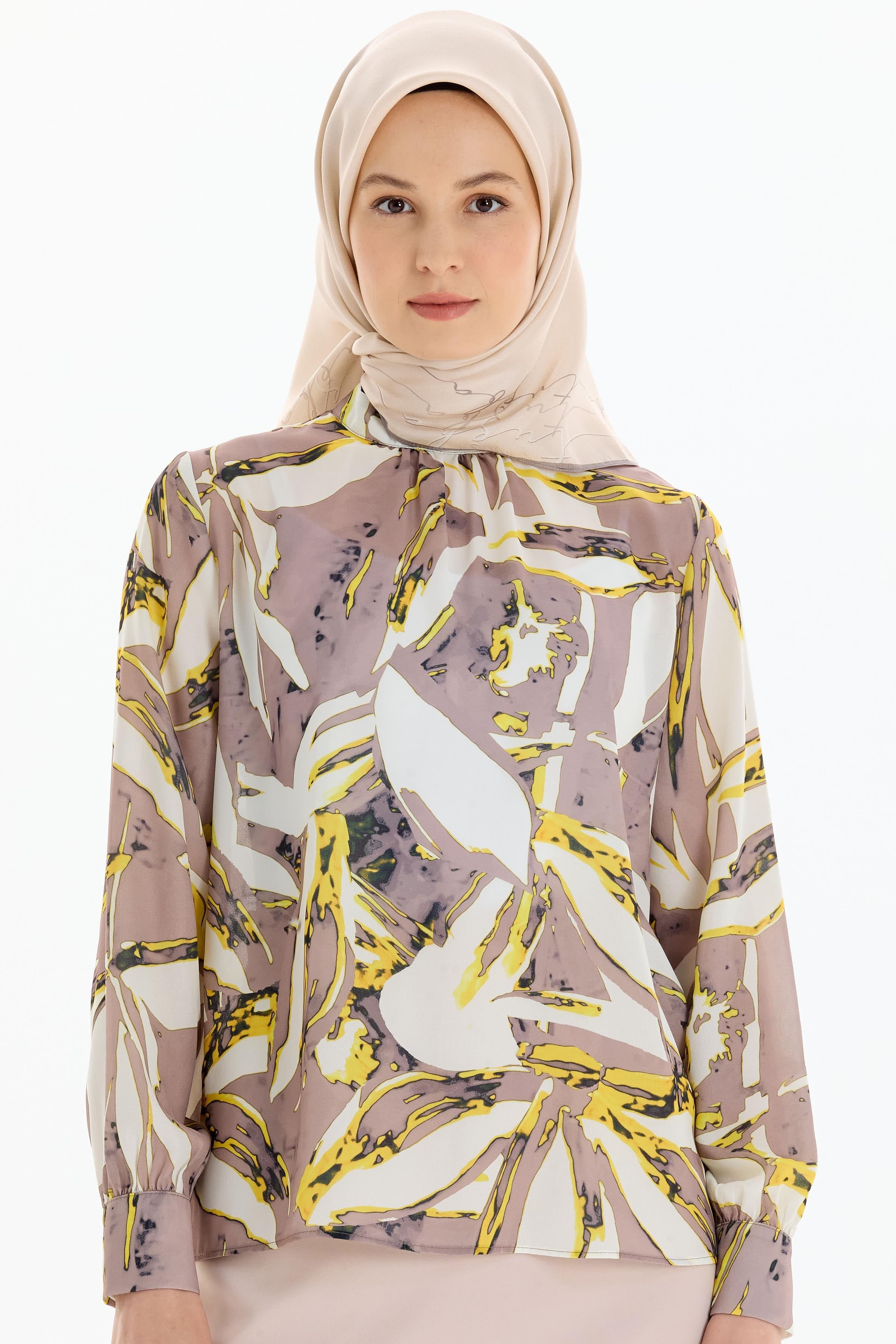 Desenli Hakim Yaka Bluz - Sarı TUGBA