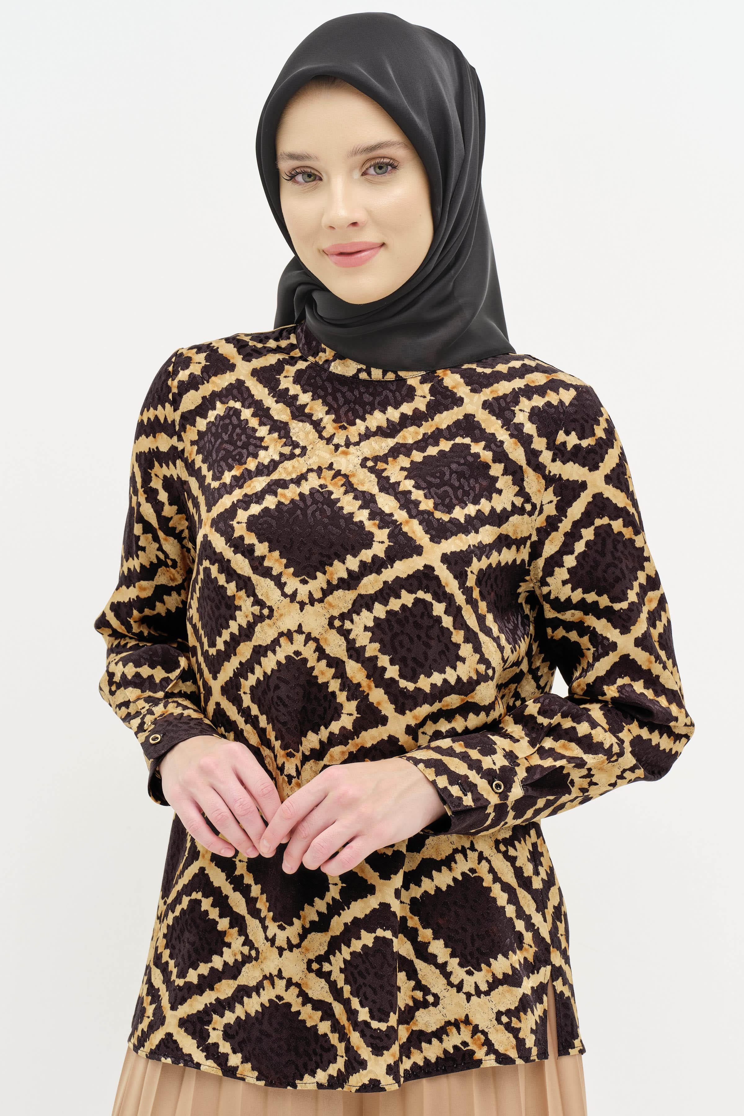 Desenli Hakim Yaka Bluz - Taba TUGBA