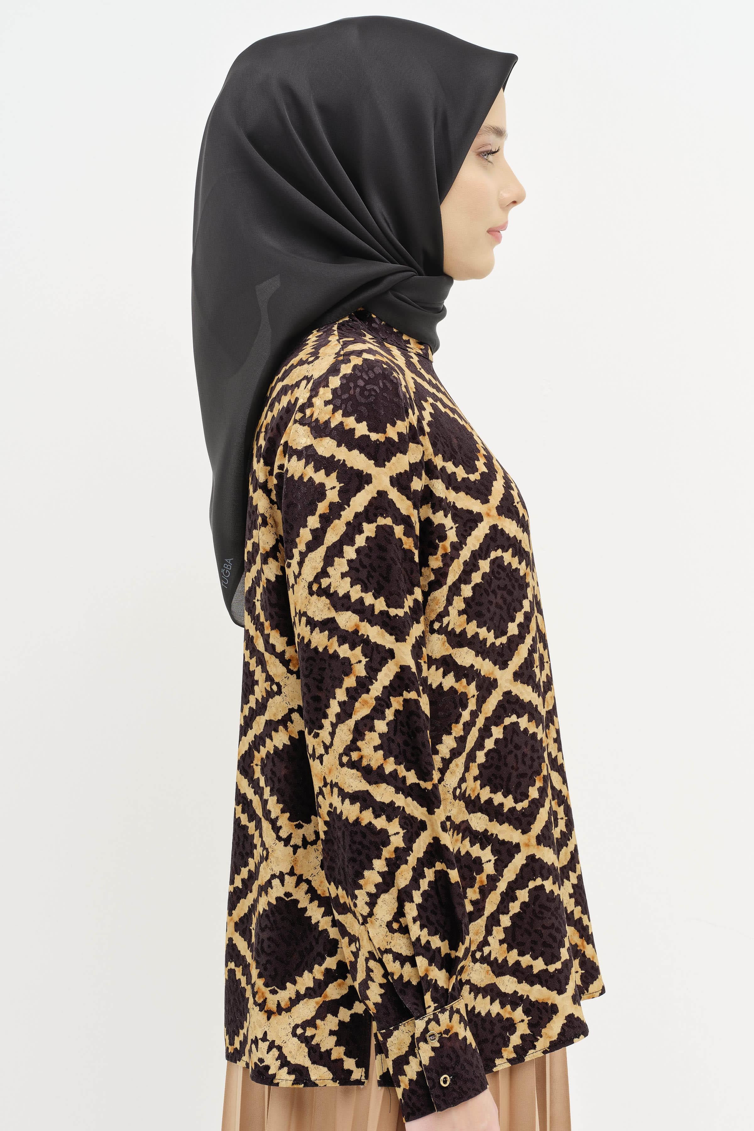 Desenli Hakim Yaka Bluz - Taba TUGBA