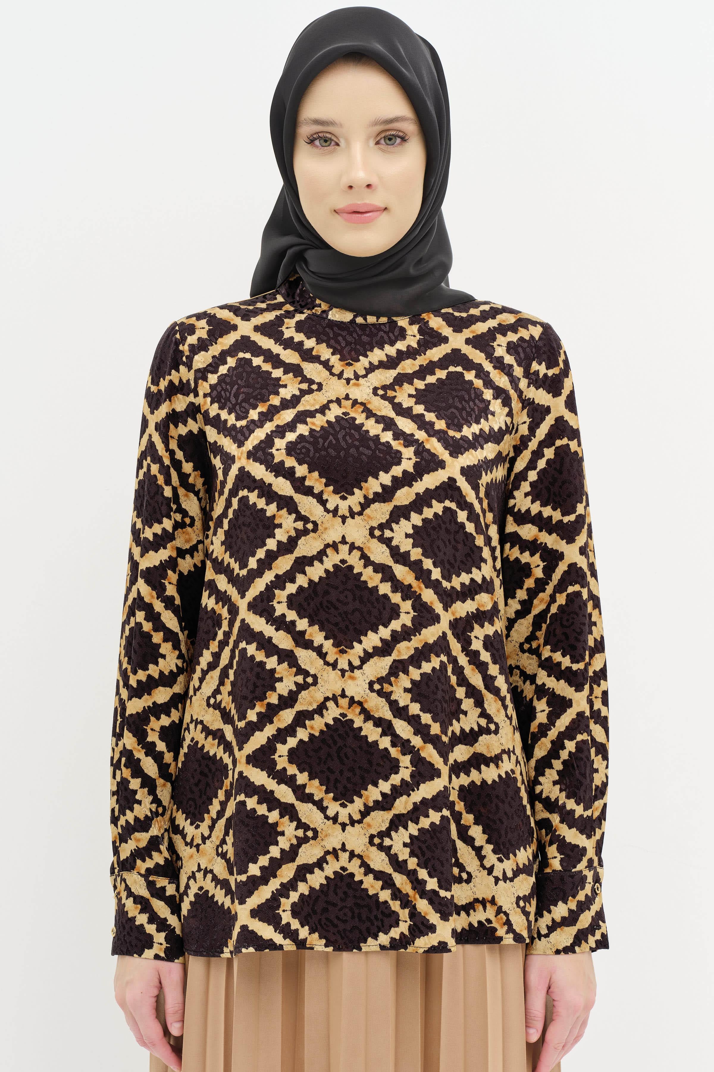 Desenli Hakim Yaka Bluz - Taba TUGBA