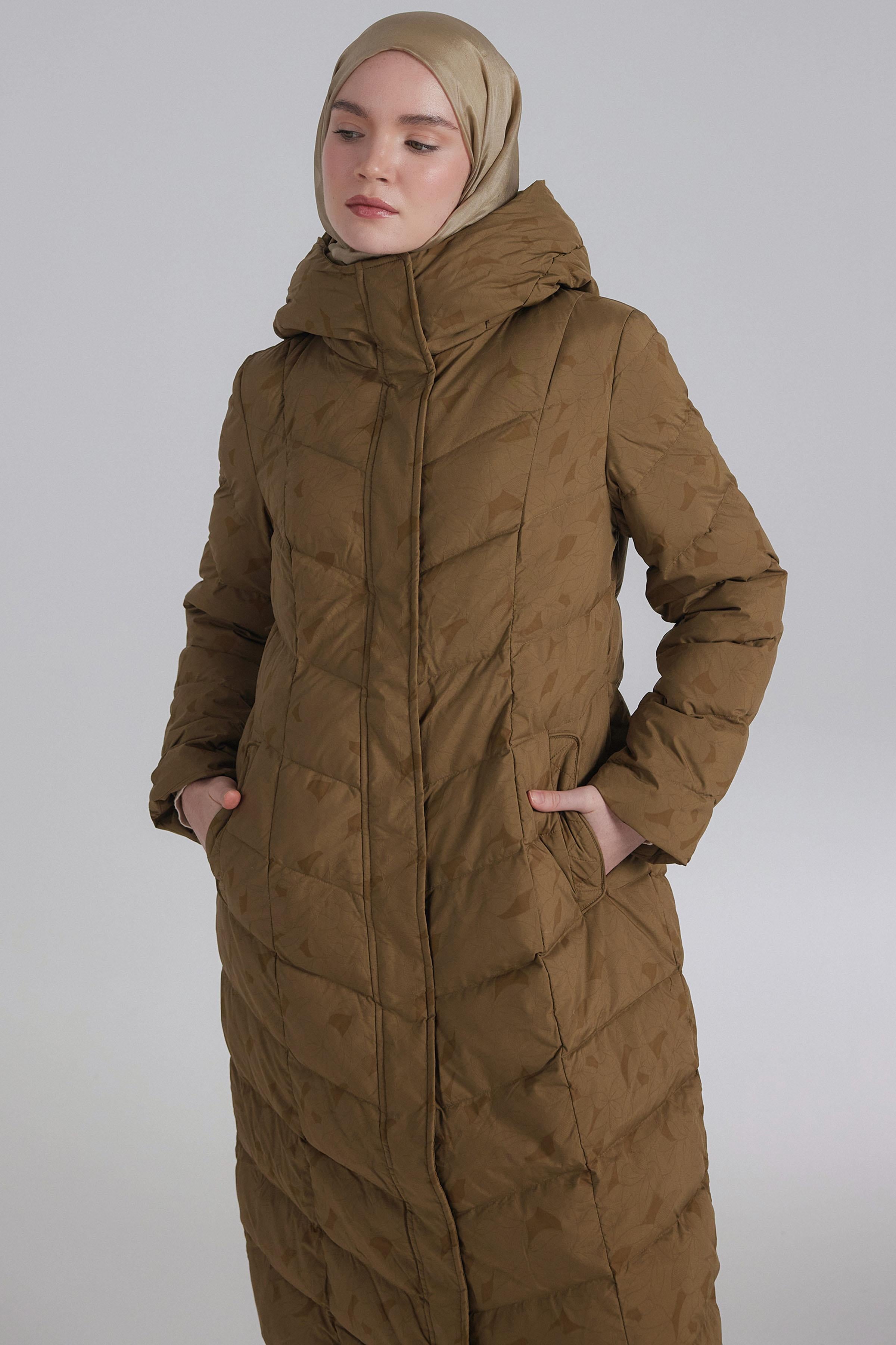 Desenli Kaz Tüyü Kaban - Olive TUGBA