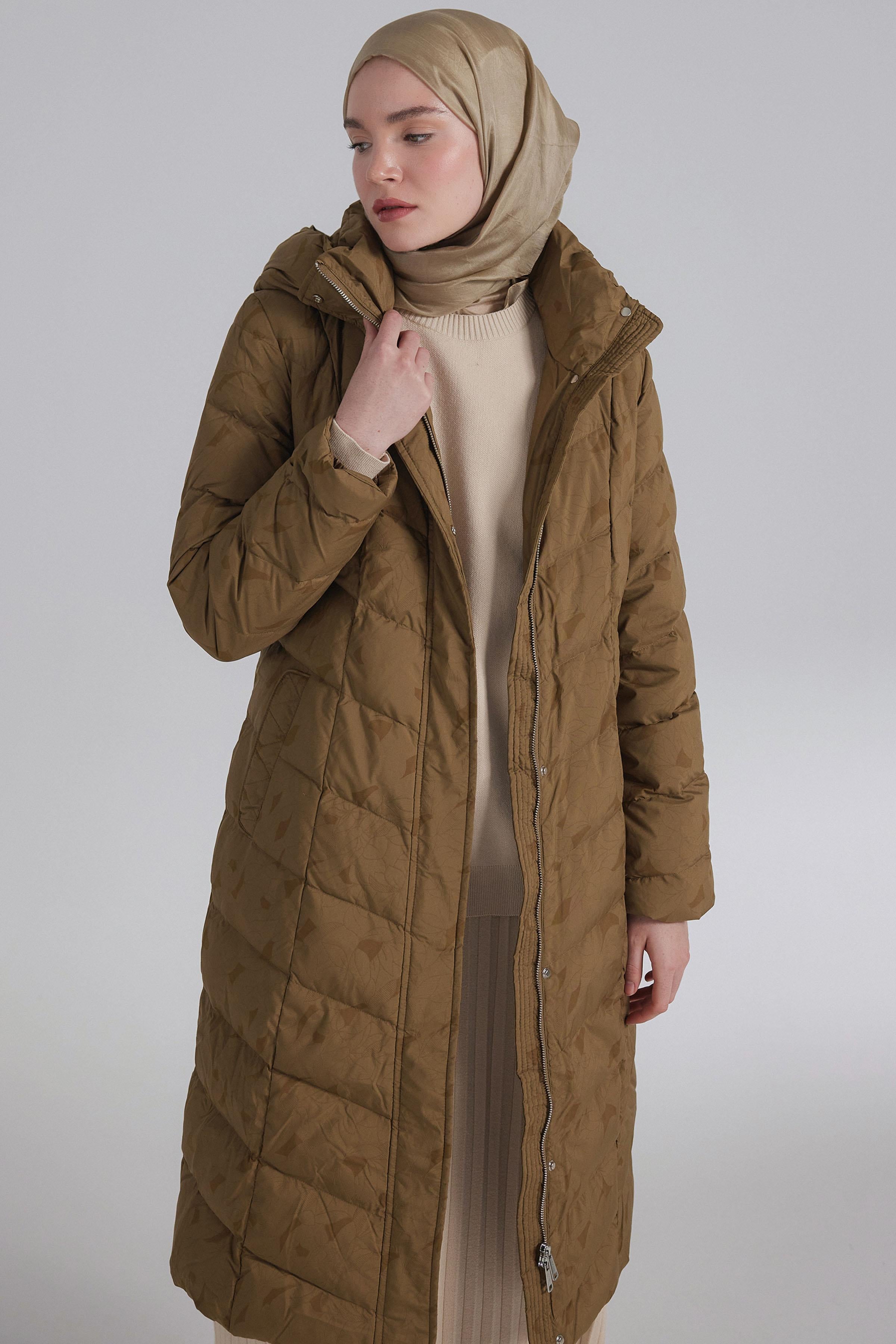 Desenli Kaz Tüyü Kaban - Olive TUGBA