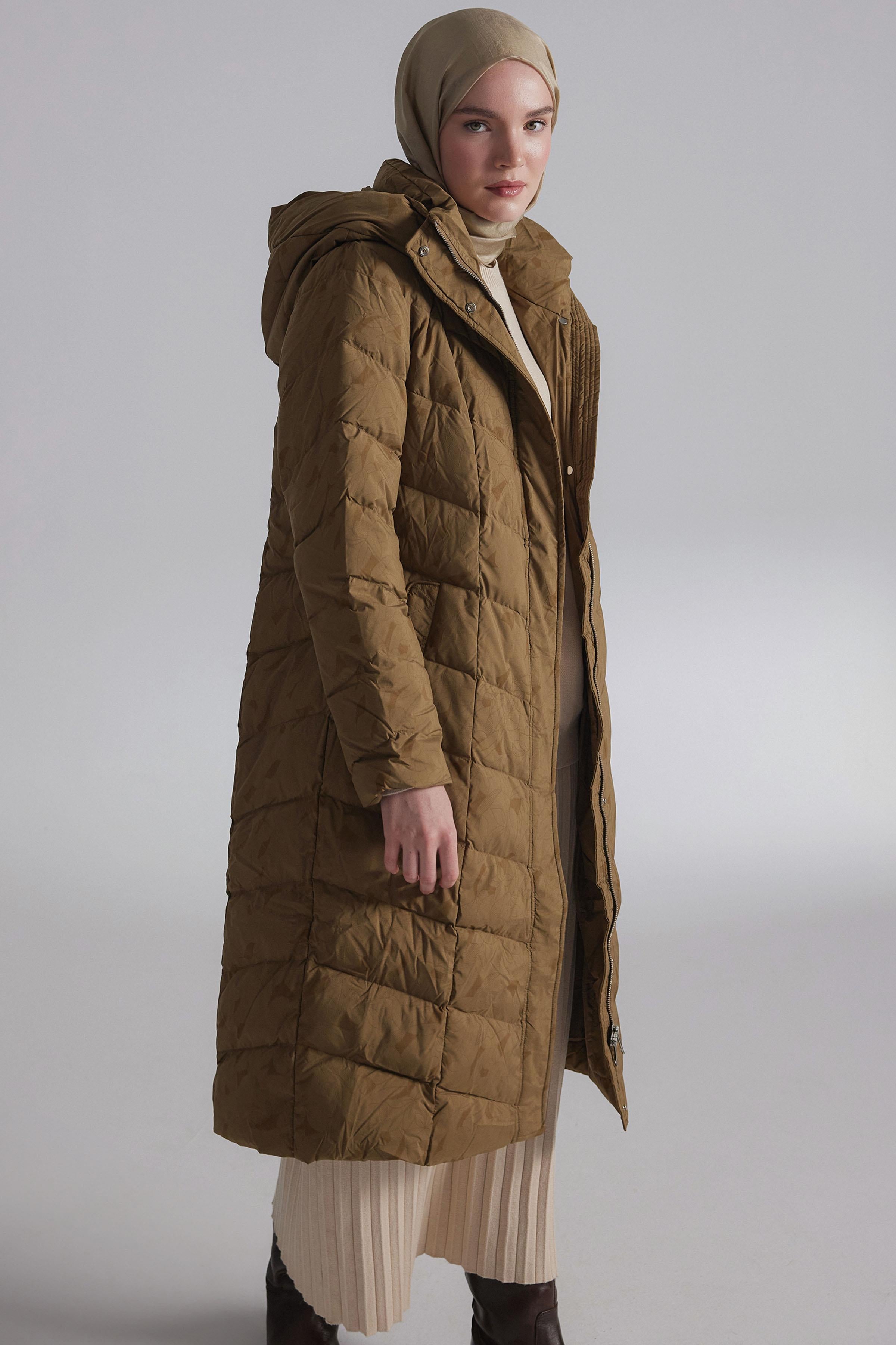 Desenli Kaz Tüyü Kaban - Olive TUGBA