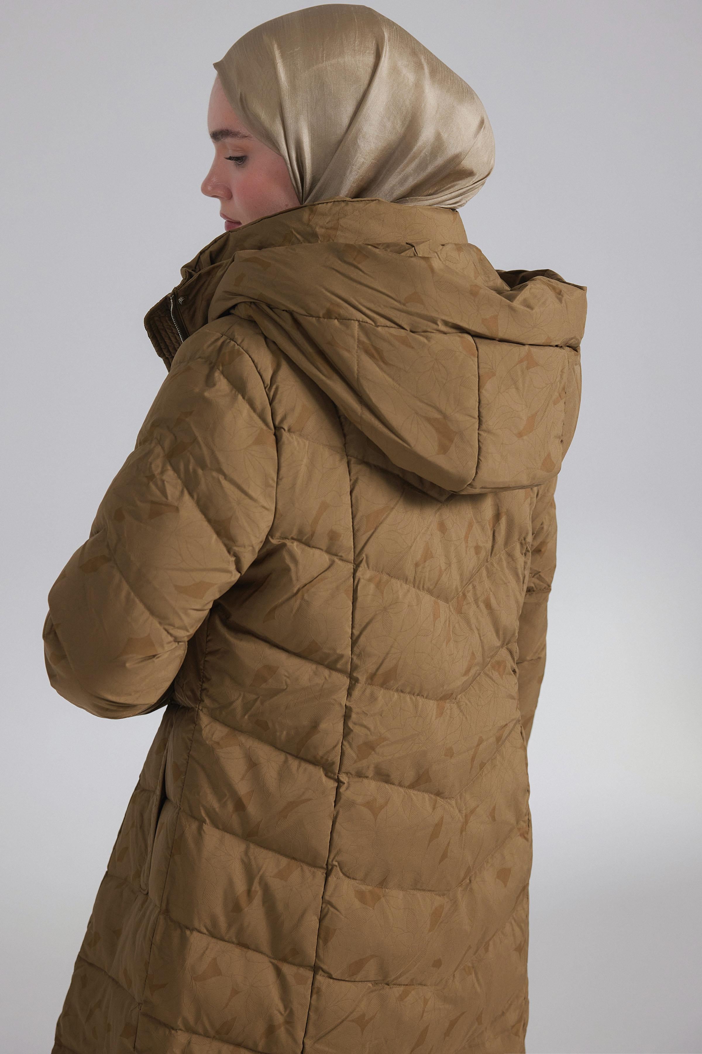 Desenli Kaz Tüyü Kaban - Olive TUGBA