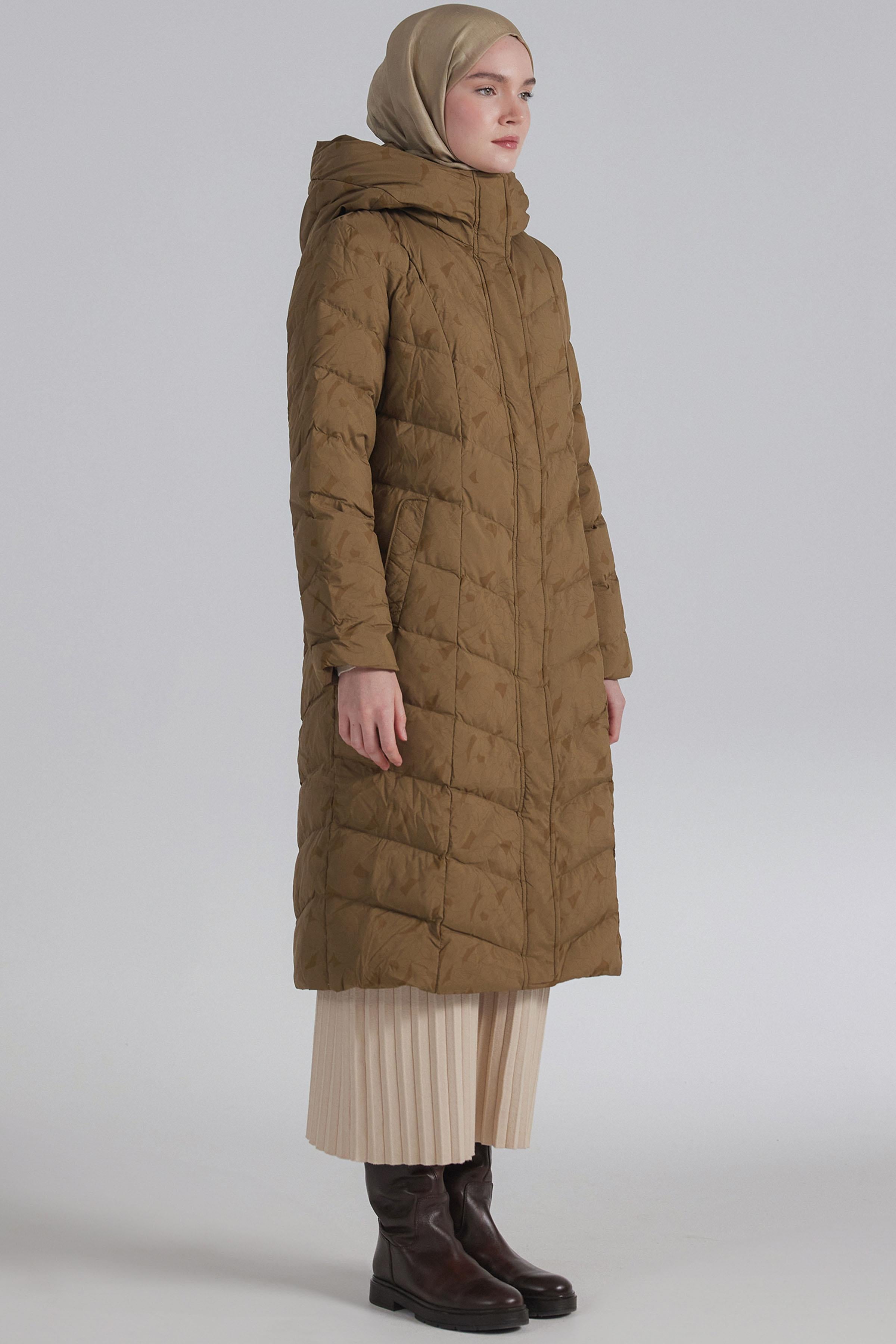 Desenli Kaz Tüyü Kaban - Olive TUGBA