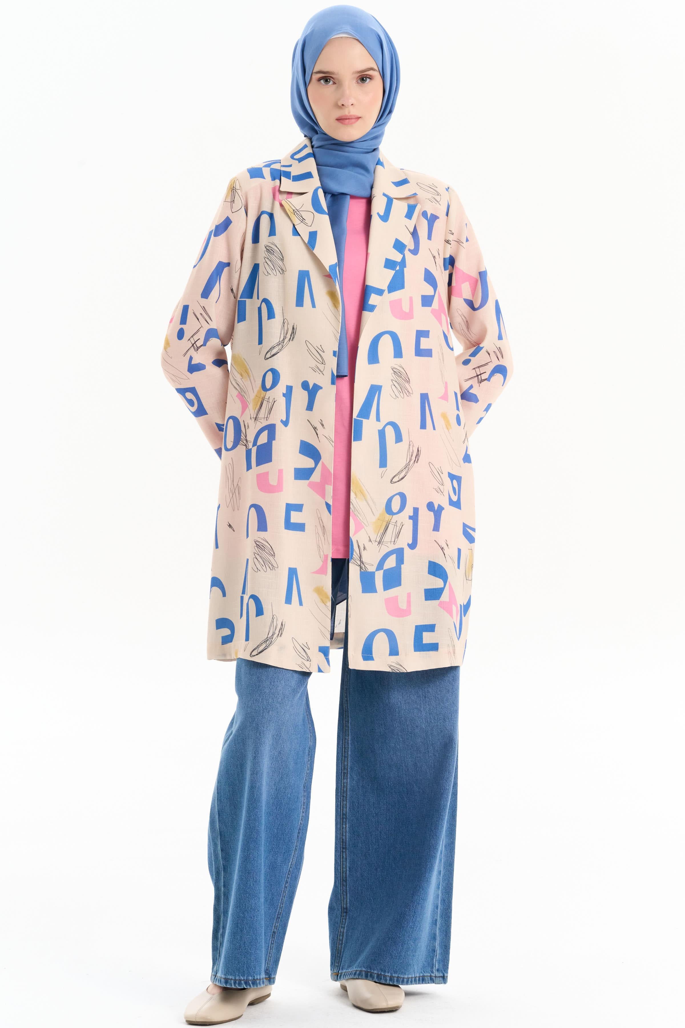 Desenli Keten Ceket - Bej TUGBA