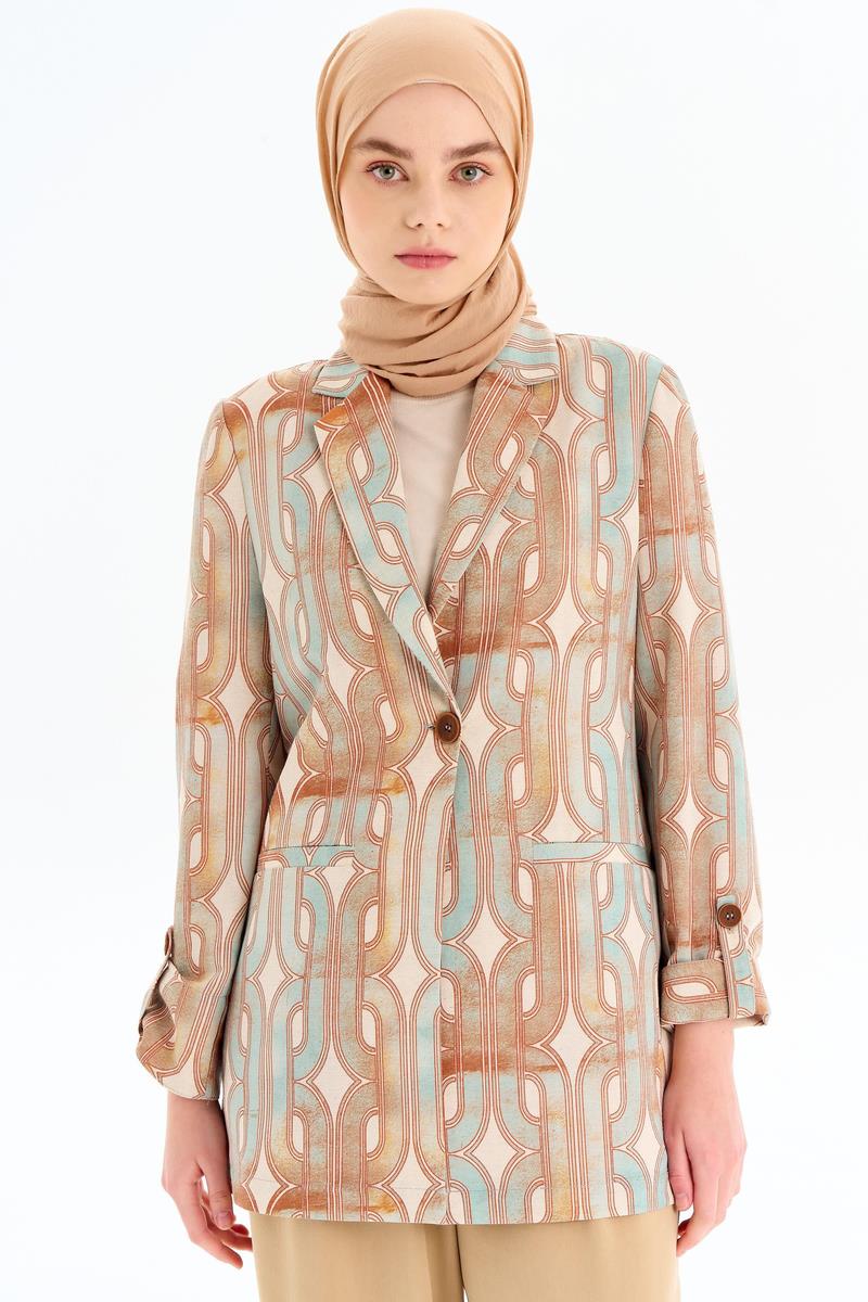 Desenli Kol Bant Detaylı Ceket - Mint TUGBA