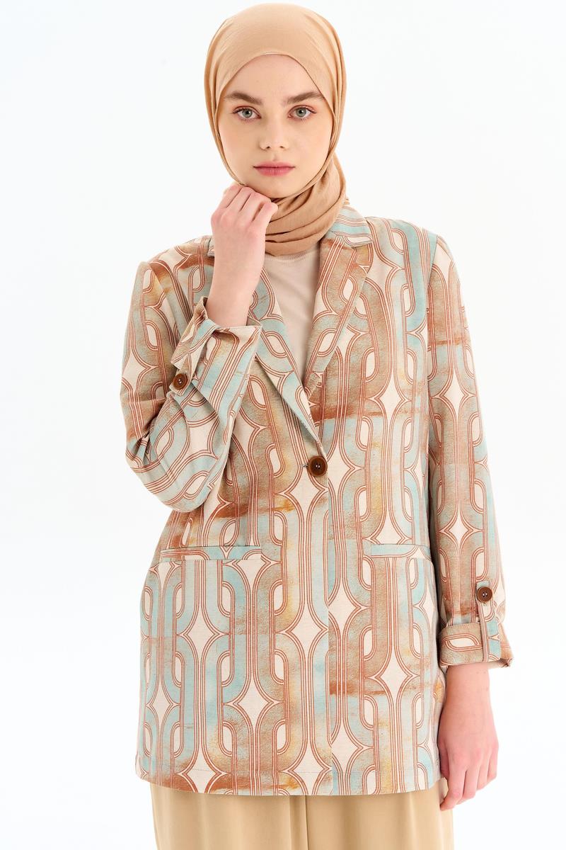 Desenli Kol Bant Detaylı Ceket - Mint TUGBA