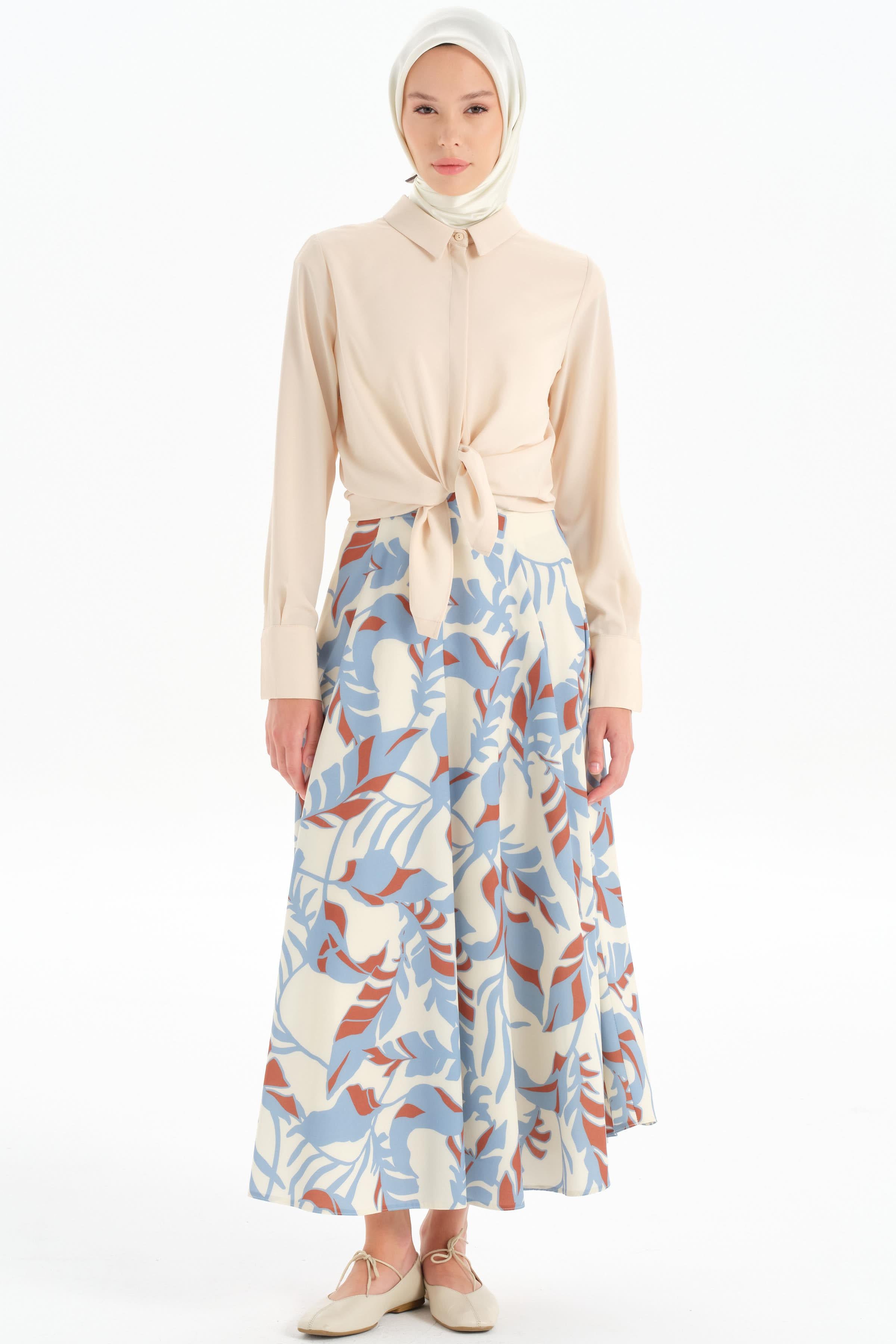 Desenli Pile Detaylı Etek - Mavi TUGBA