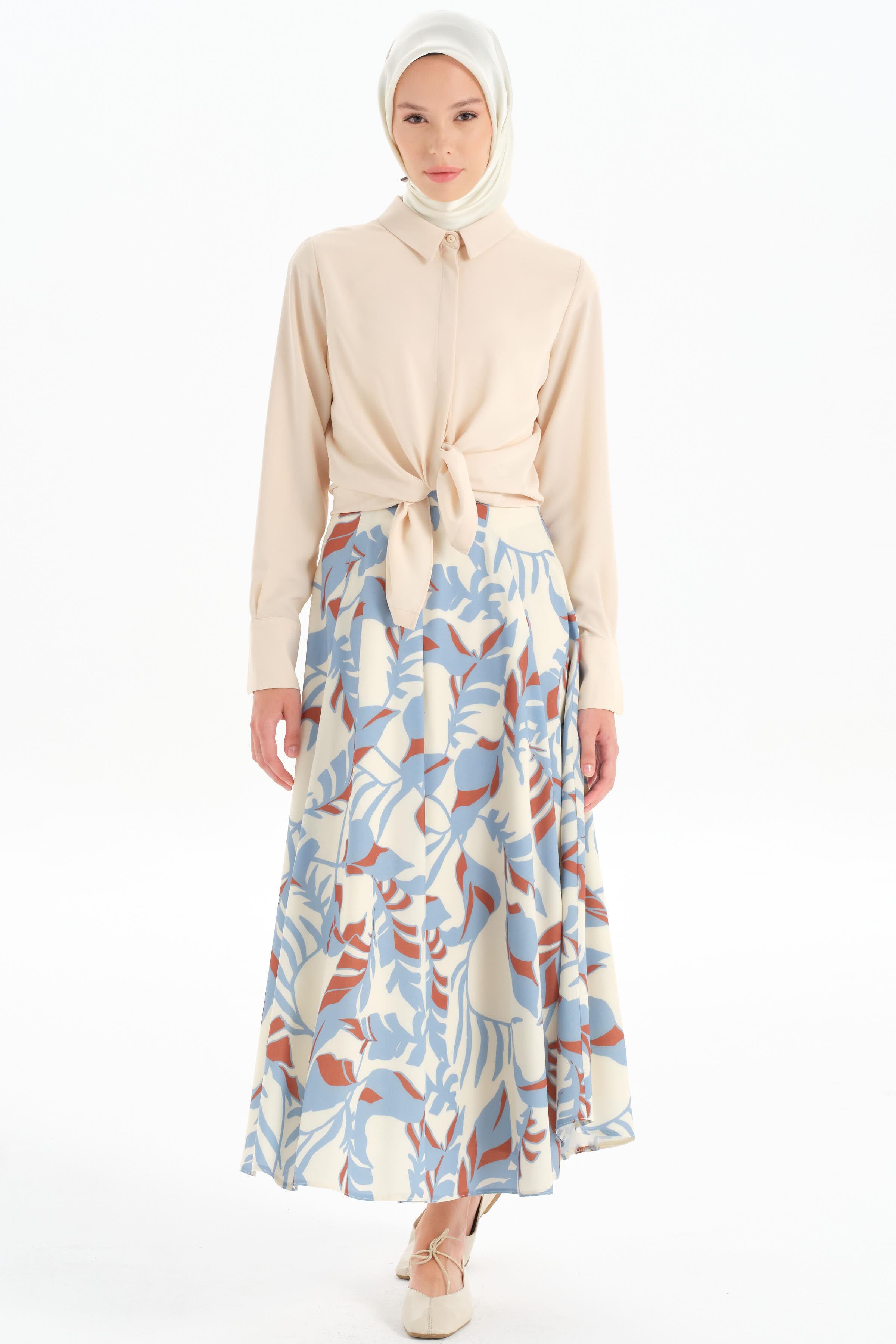 Desenli Pile Detaylı Etek - Mavi TUGBA