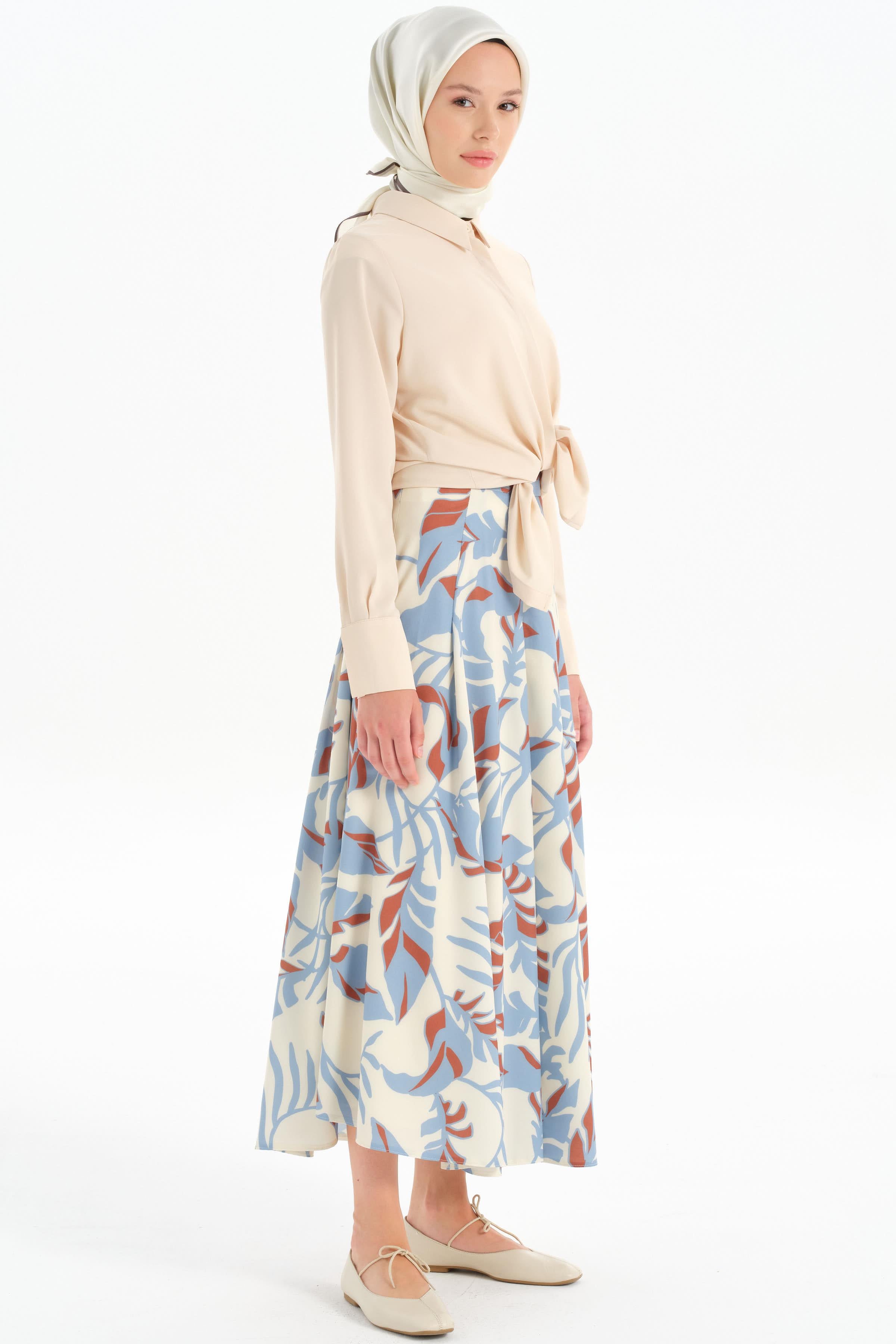 Desenli Pile Detaylı Etek - Mavi TUGBA