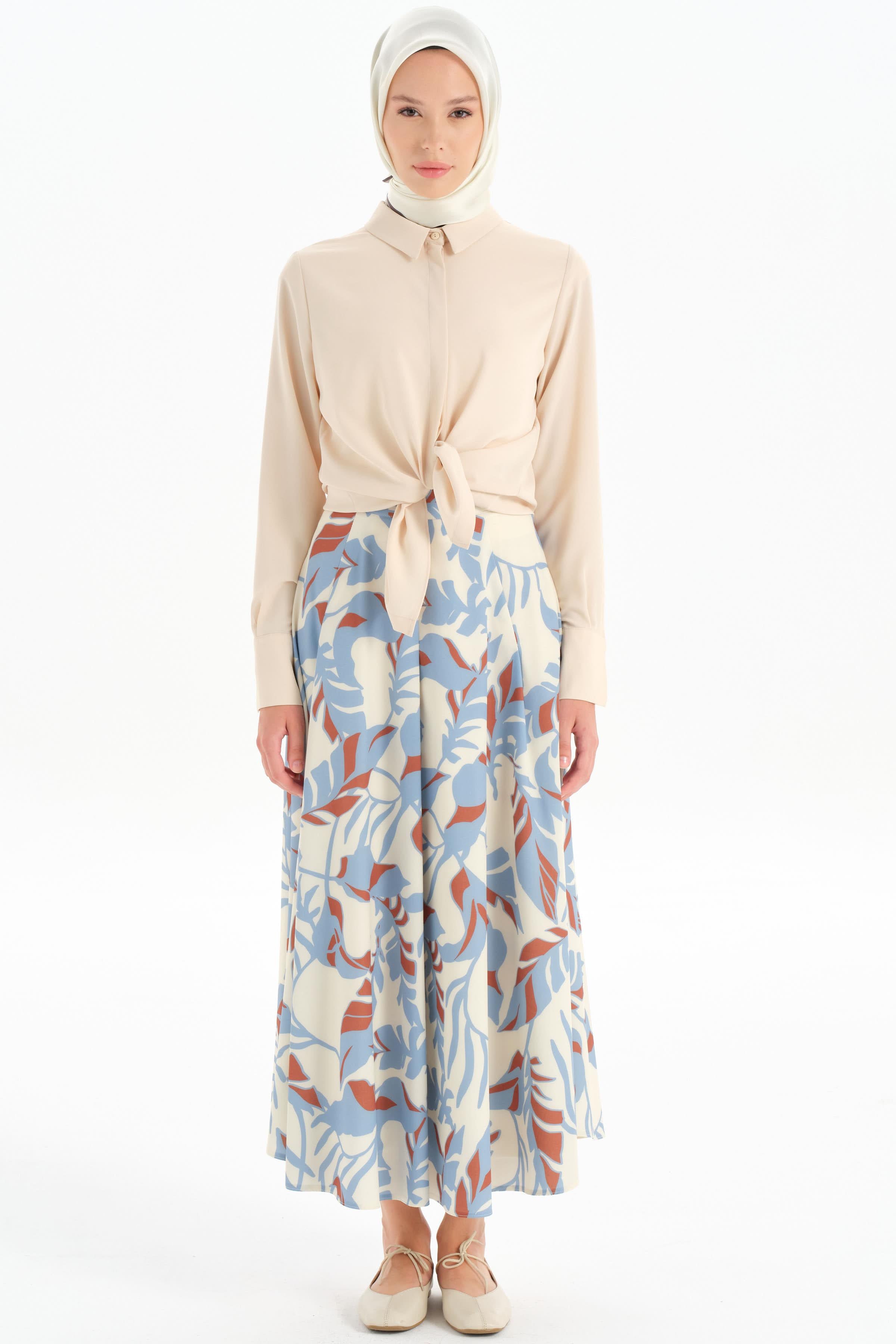 Desenli Pile Detaylı Etek - Mavi TUGBA