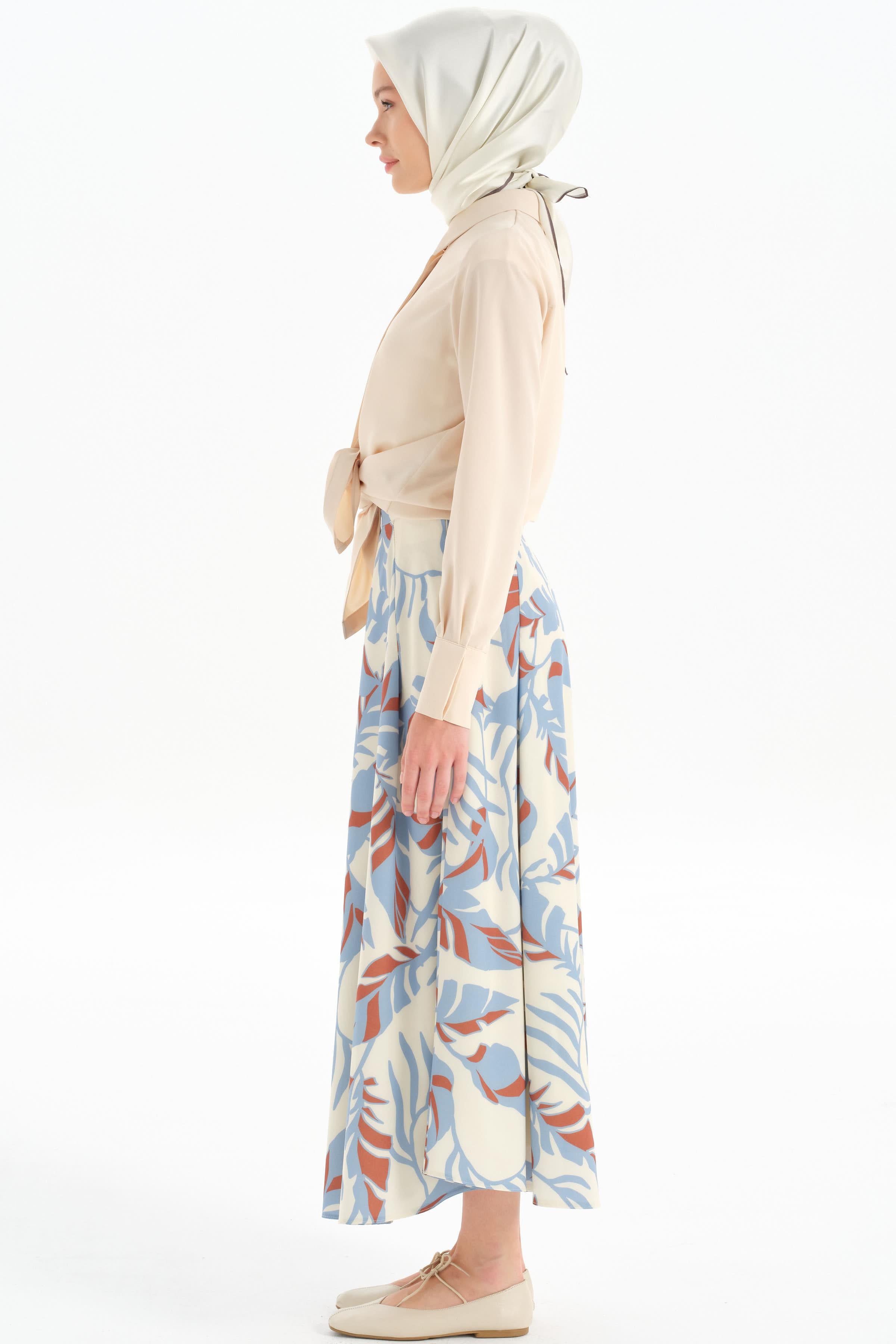 Desenli Pile Detaylı Etek - Mavi TUGBA