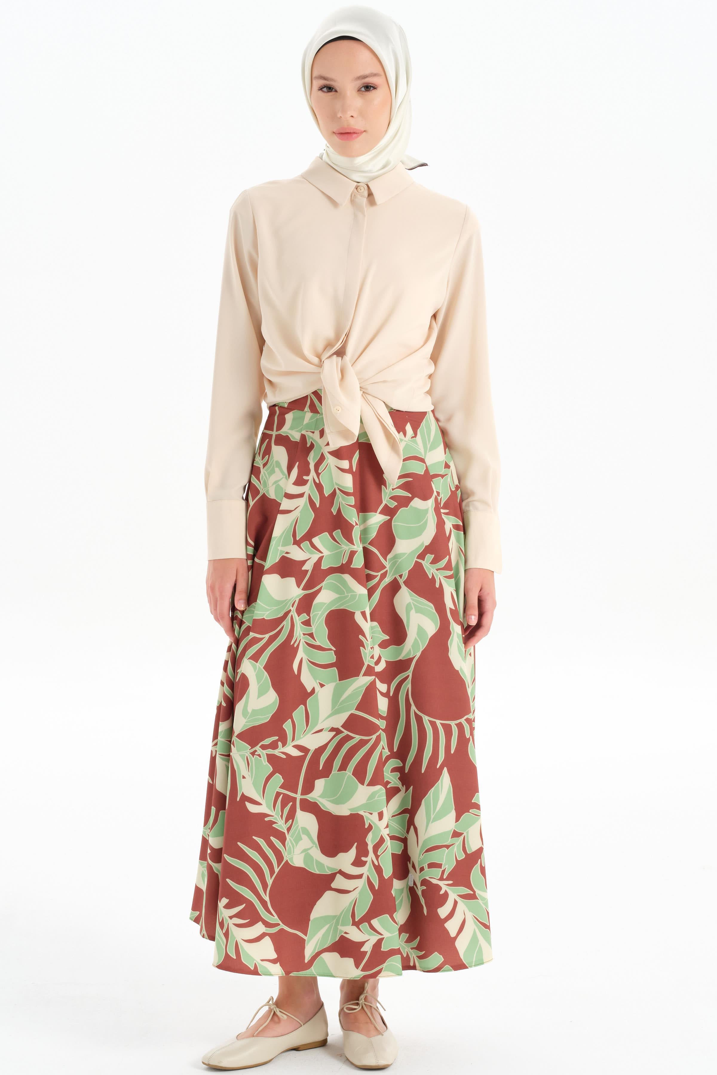 Desenli Pile Detaylı Etek - Yeşil TUGBA