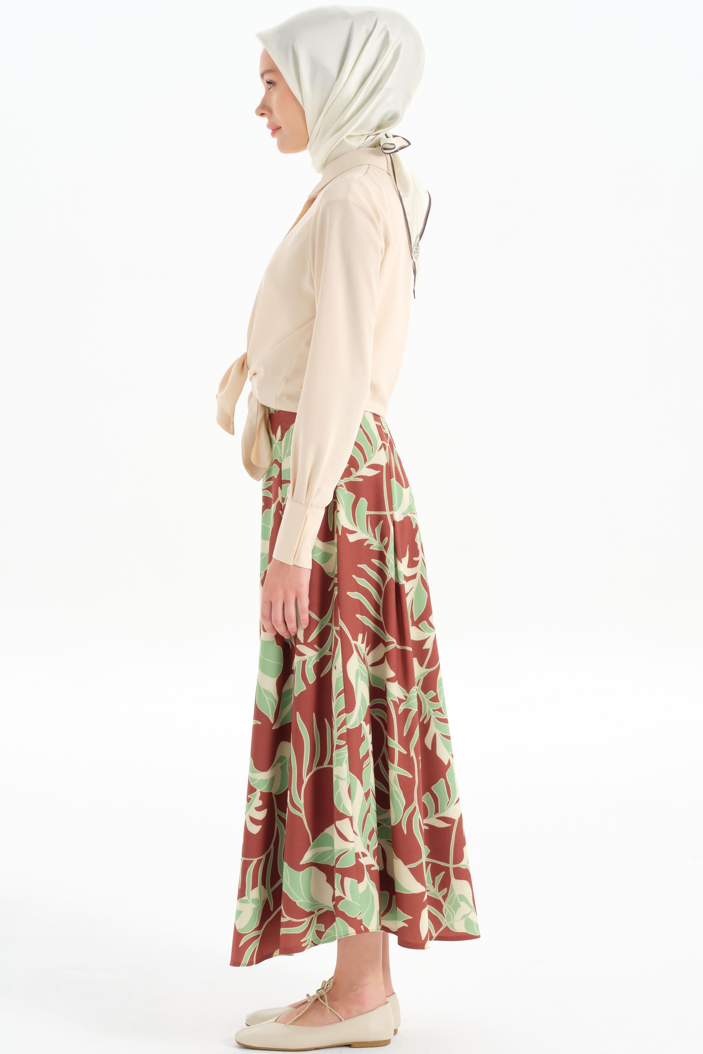 Desenli Pile Detaylı Etek - Yeşil TUGBA