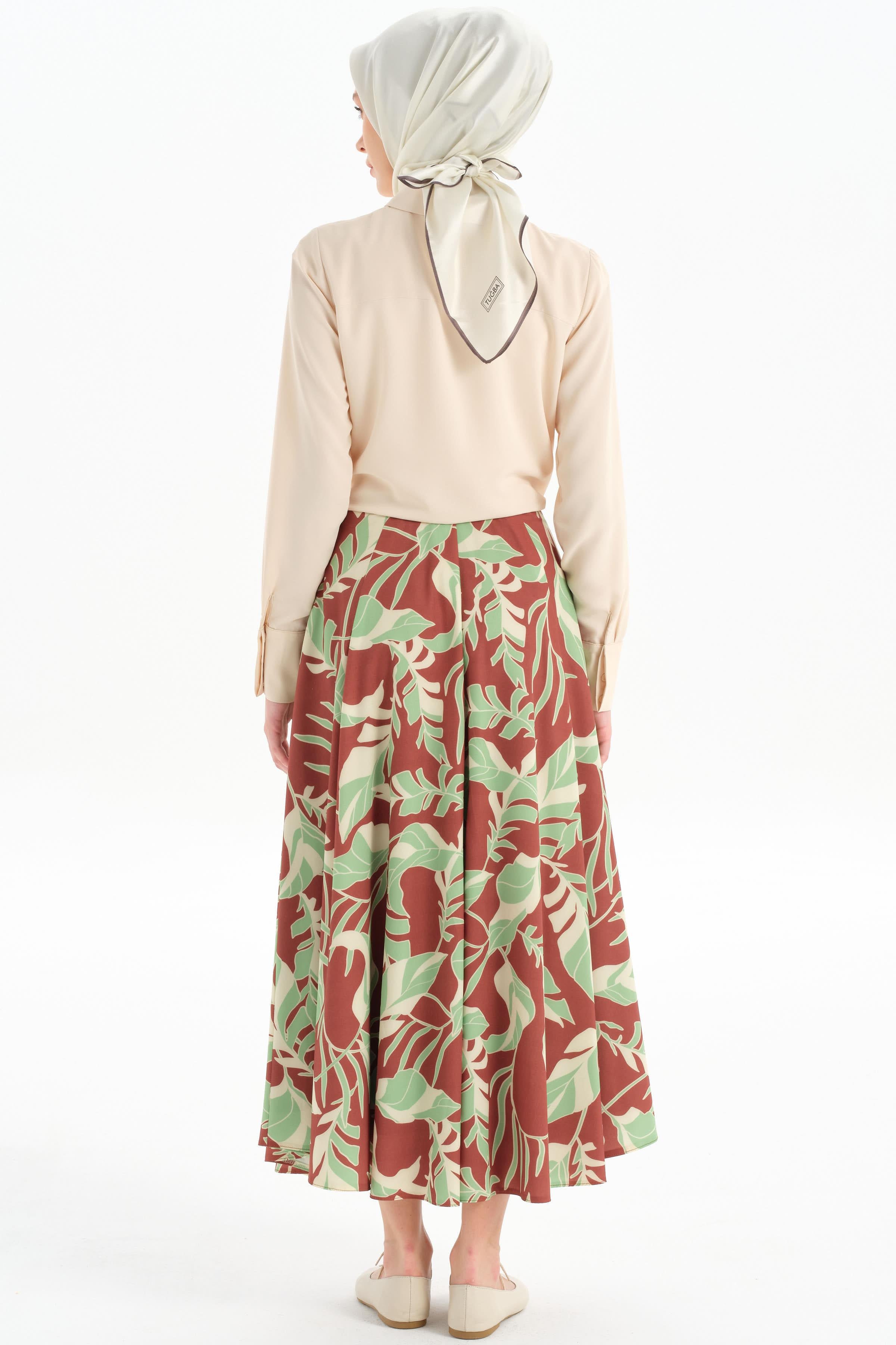 Desenli Pile Detaylı Etek - Yeşil TUGBA