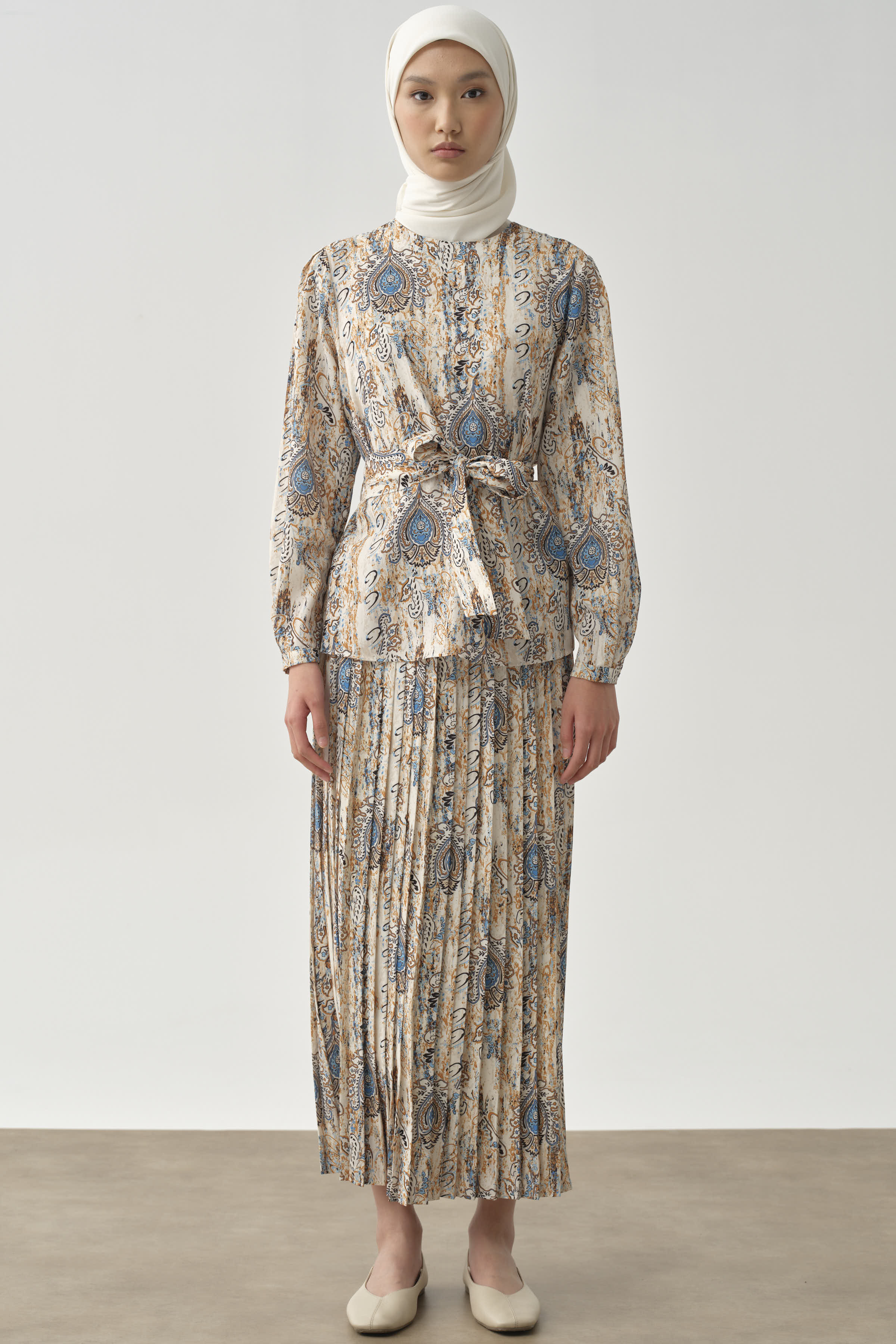 Desenli Plise Etek - Camel TUGBA